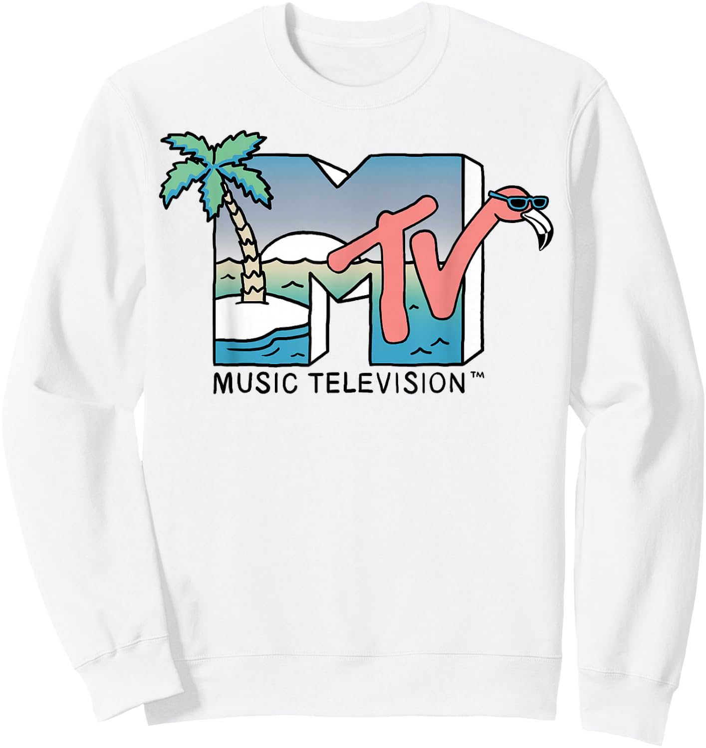 MTV Beachy Flamingo Scene Retro Logo Graphic Sweatshirt - Sweatshirt | White