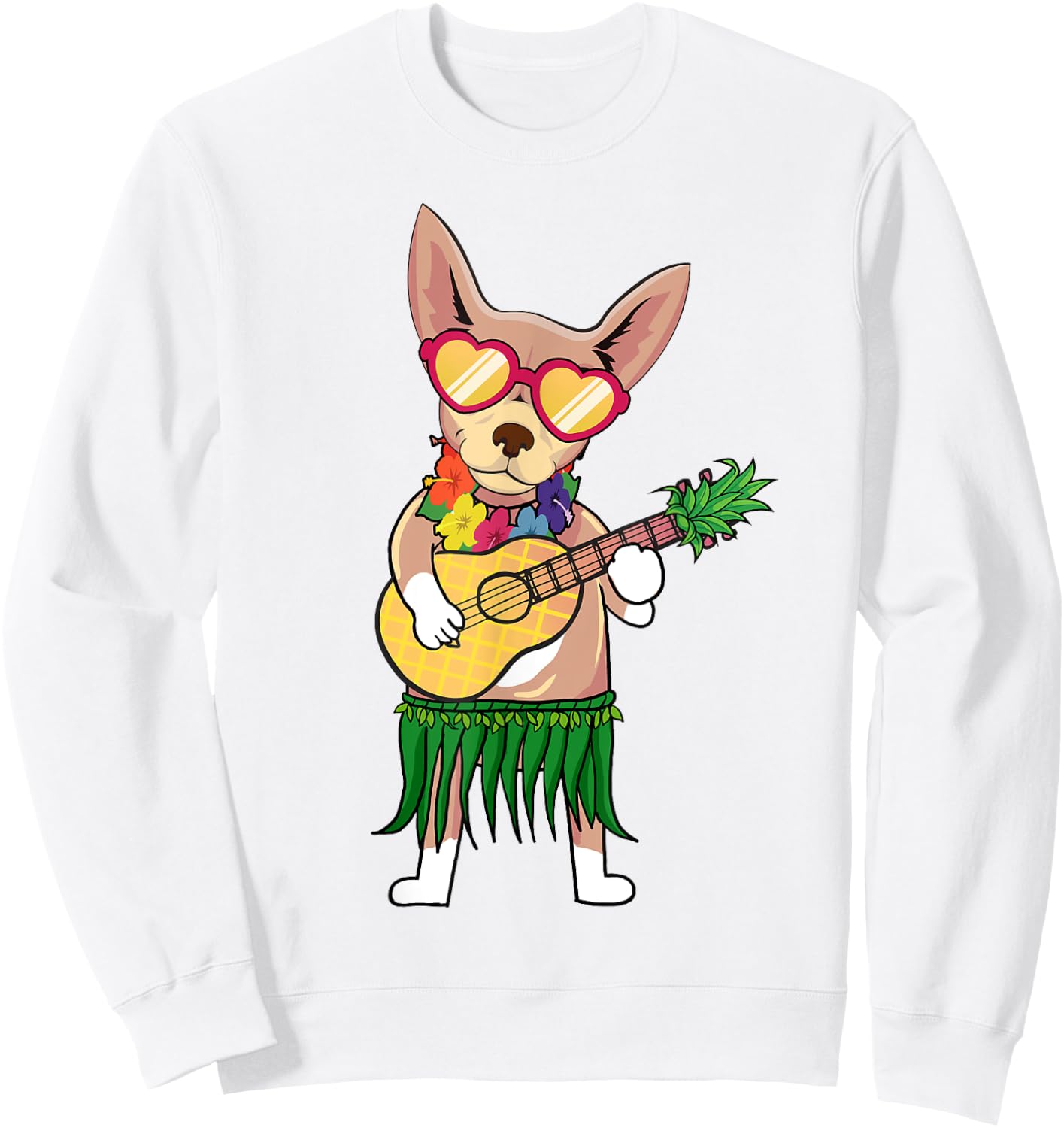 Chihuahua Hawaiian Costume Playing Ukulele Summer Shirt Women Kids Sweatshirt - Sweatshirt | White