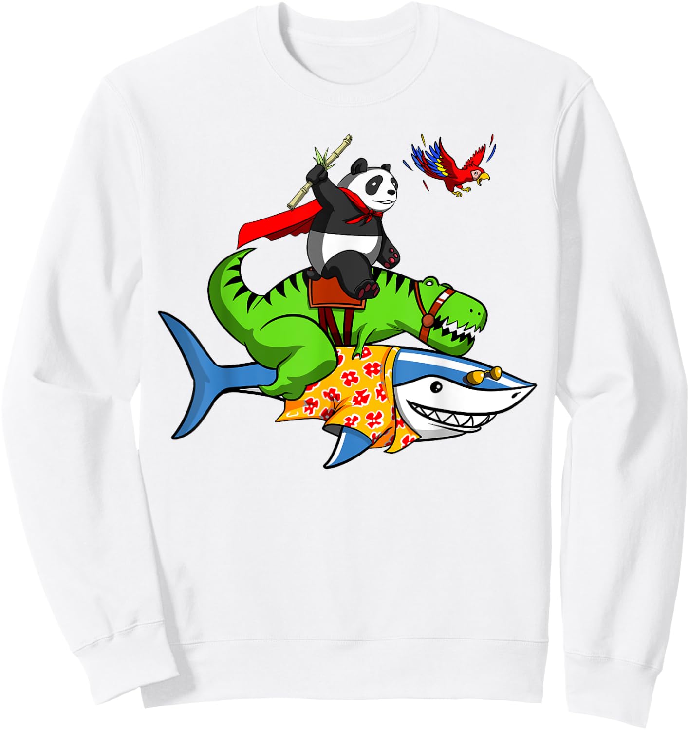 Panda Bear And T-Rex Dinosaur Riding Shark Funny Animals Sweatshirt - Sweatshirt | White