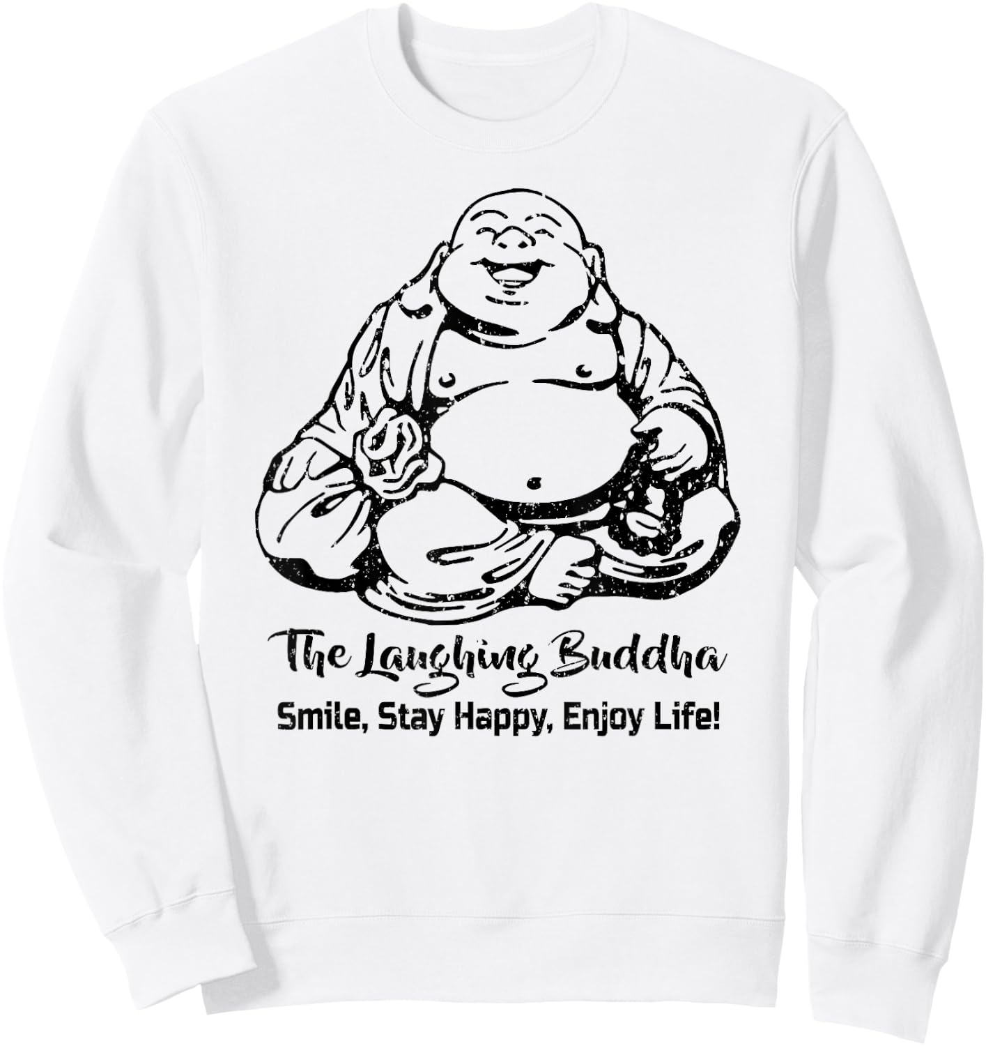 The Laughing Buddha Smiling Vintage Distressed Design Look Sweatshirt - Sweatshirt | White