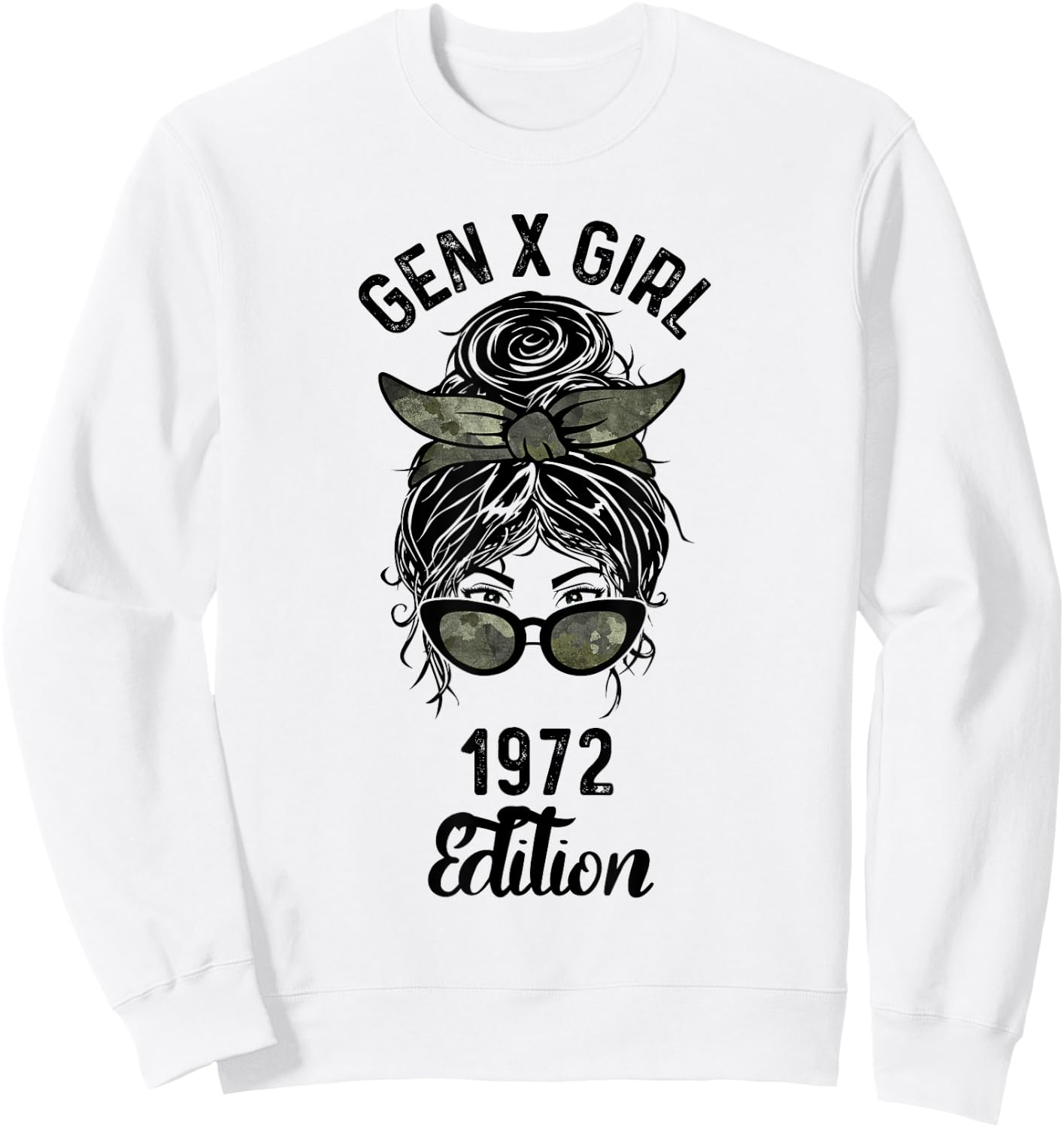 Gen X Girl 1972 Edition Camo Messy Bun Birthday Sweatshirt - Sweatshirt | White