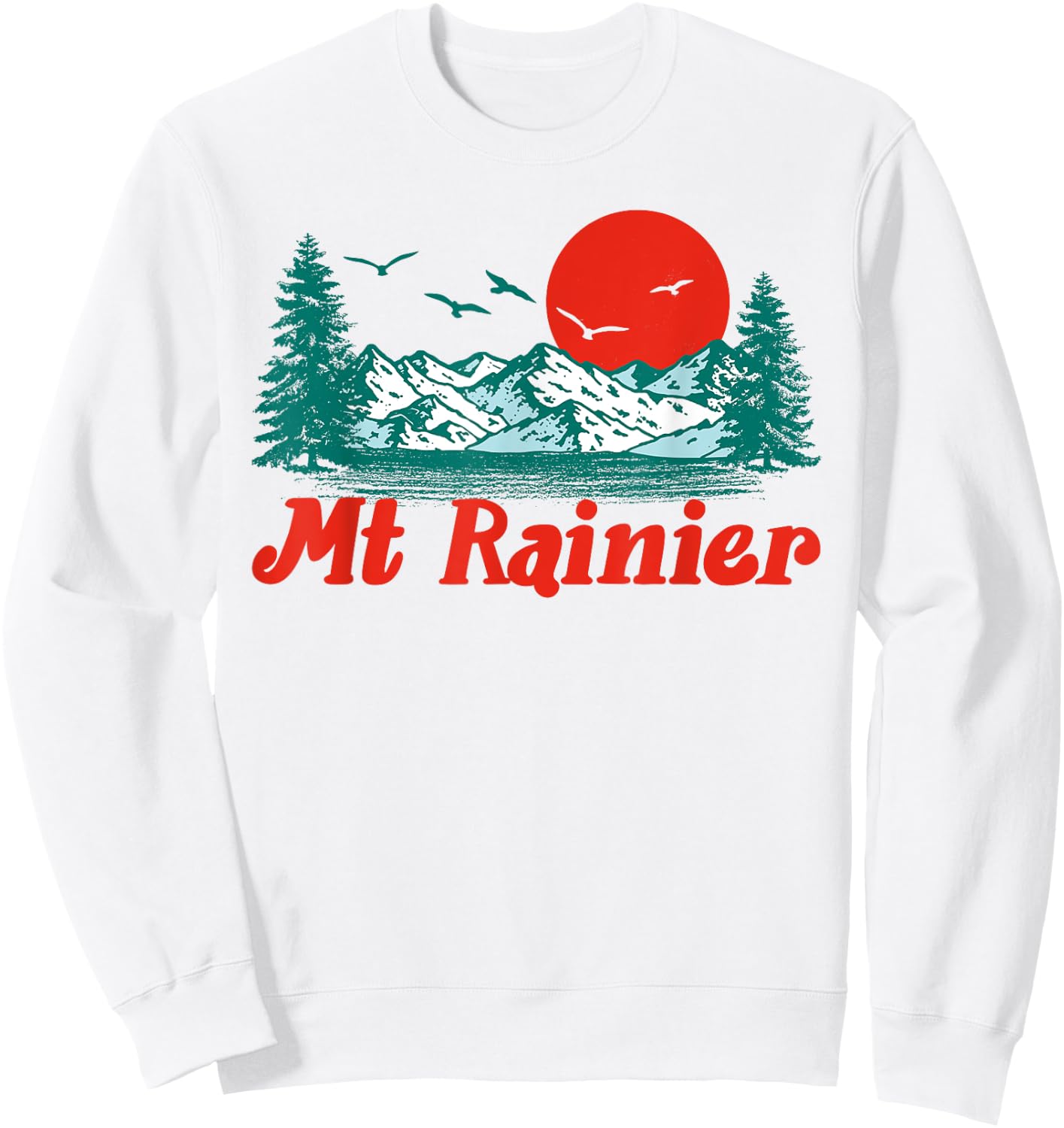 Retro Mt Rainier Mountain Trees & Sun Scene Graphic Sweatshirt - Sweatshirt | White