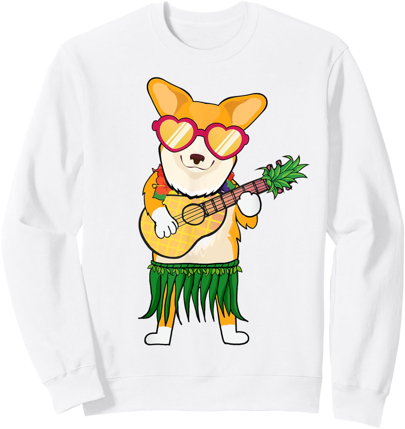 Corgi Hawaiian Costume Playing Ukulele Summer Shirt Gifts Men Women Kids Sweatshirt - Sweatshirt | White