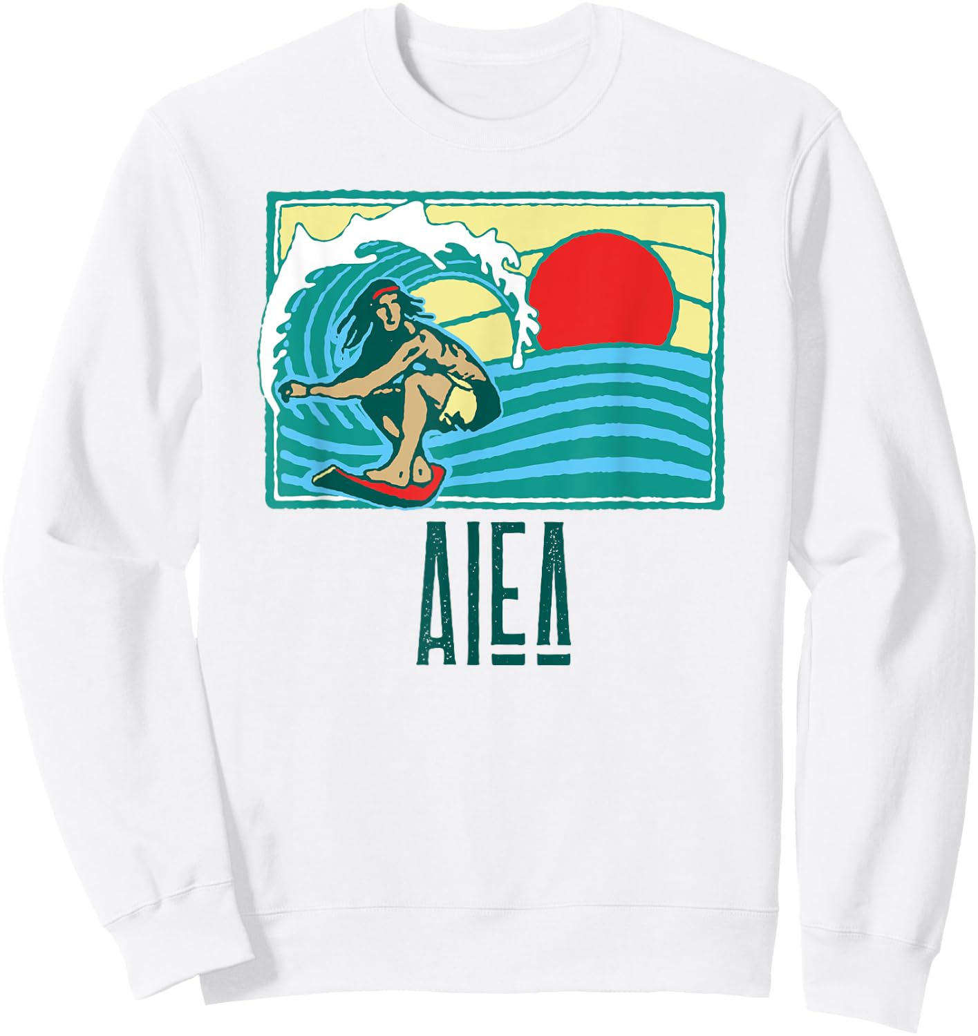 Aiea Hawaii Vintage Surfer & Wave Retro Graphic Sweatshirt - Sweatshirt | White