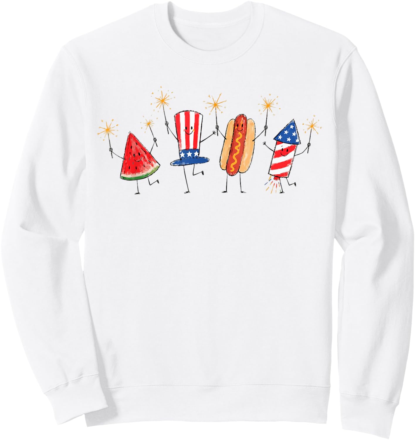 Cute Patriotic Doodle Watermelon Hotdog Firework 4th of July Sweatshirt - Sweatshirt | White
