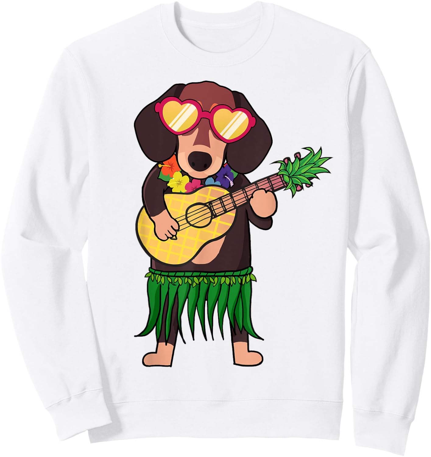Dachshund Hawaiian Costume Playing Ukulele Summer Shirt Women Kids Sweatshirt - Sweatshirt | White
