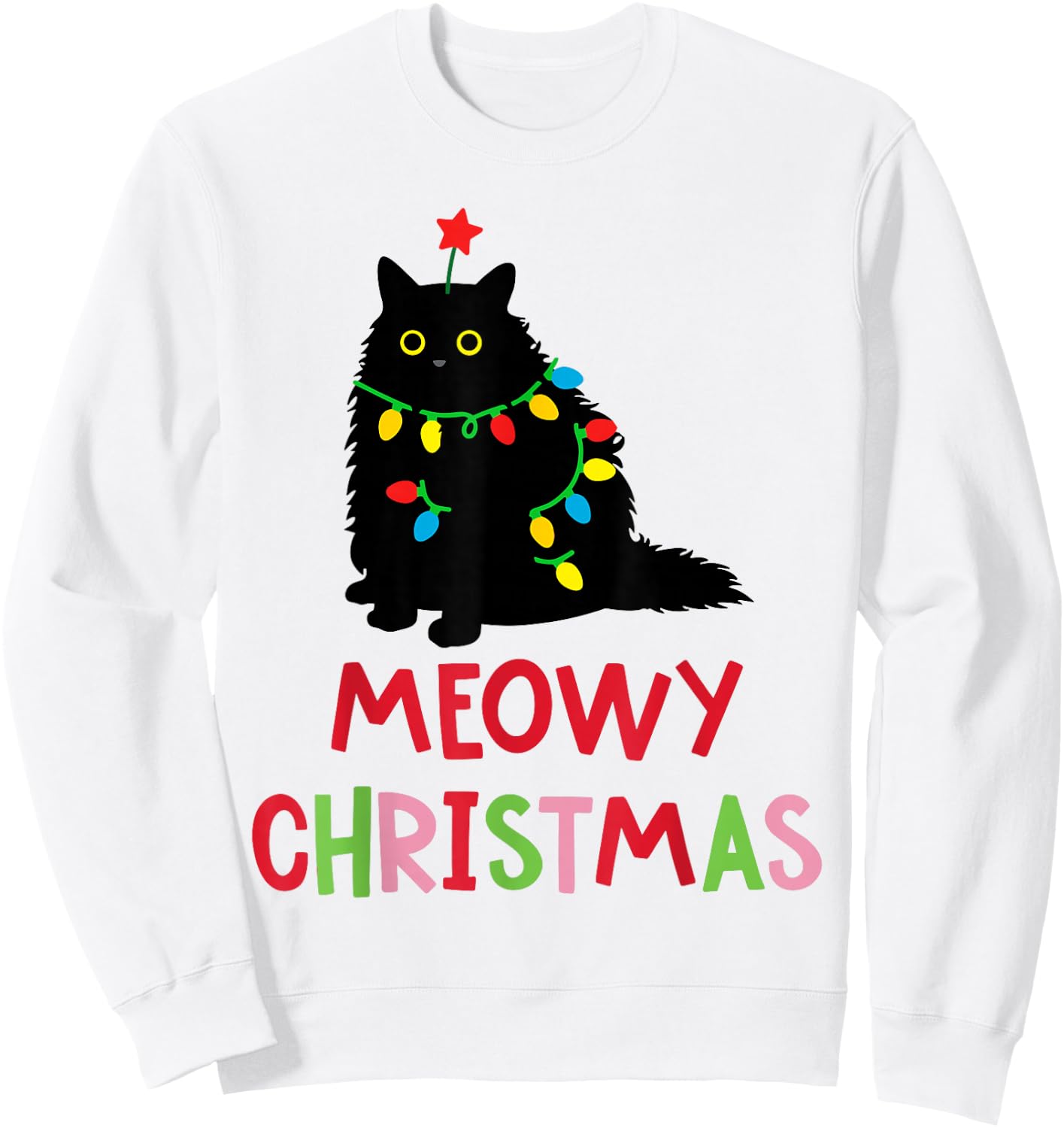 Meowy Christmas Funny Black Cat Christmas Lights Cat Lovers Sweatshirt - Sweatshirt | White