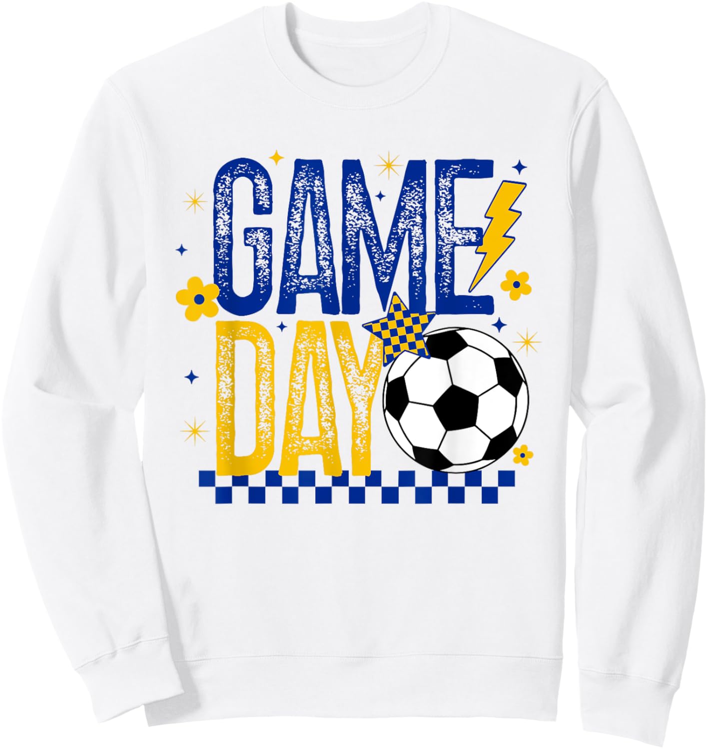 Game Day Soccer Season Retro Blue Gold Checkered Lightning Sweatshirt - Sweatshirt | White