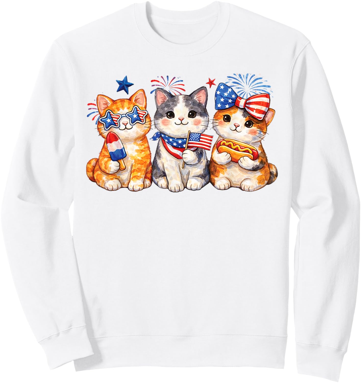 Patriotic Cat Trio Fourth of July Cute Kitten USA Graphic Sweatshirt - Sweatshirt | White