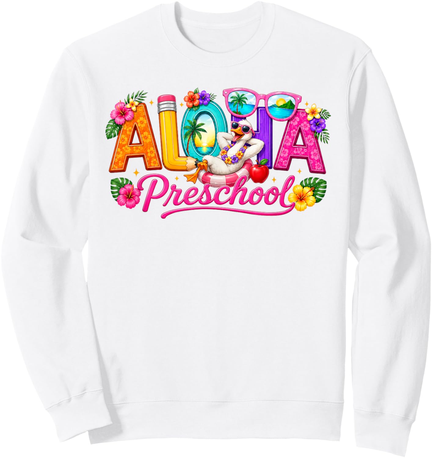 Aloha Preschool Tropical Floral Silly Goose Back to School Sweatshirt - Sweatshirt | White