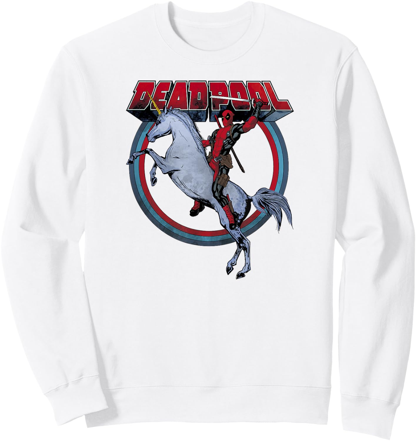 Marvel Deadpool Riding A Unicorn Circle Graphic C2 Sweatshirt - Sweatshirt | White