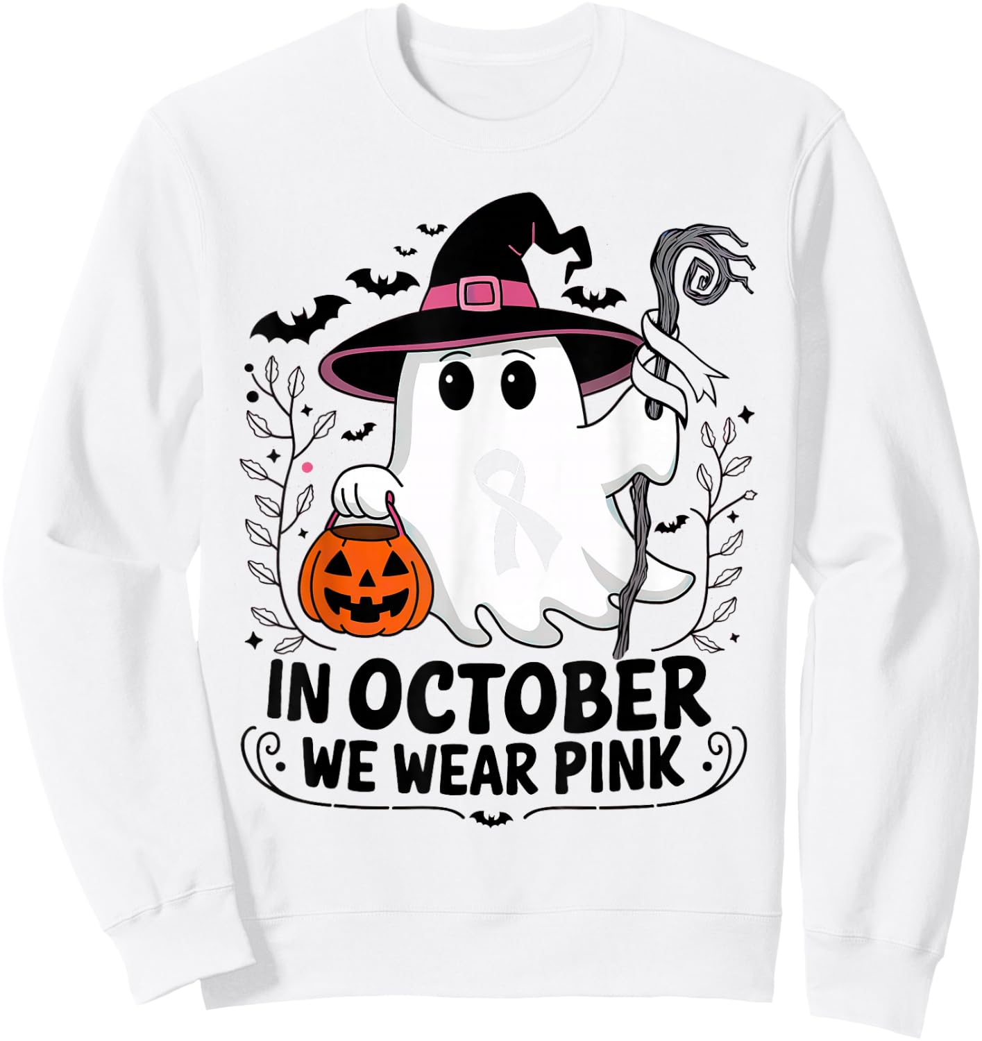 In October We Wear Pink Breast Cancer Awareness Halloween Sweatshirt - Sweatshirt | White