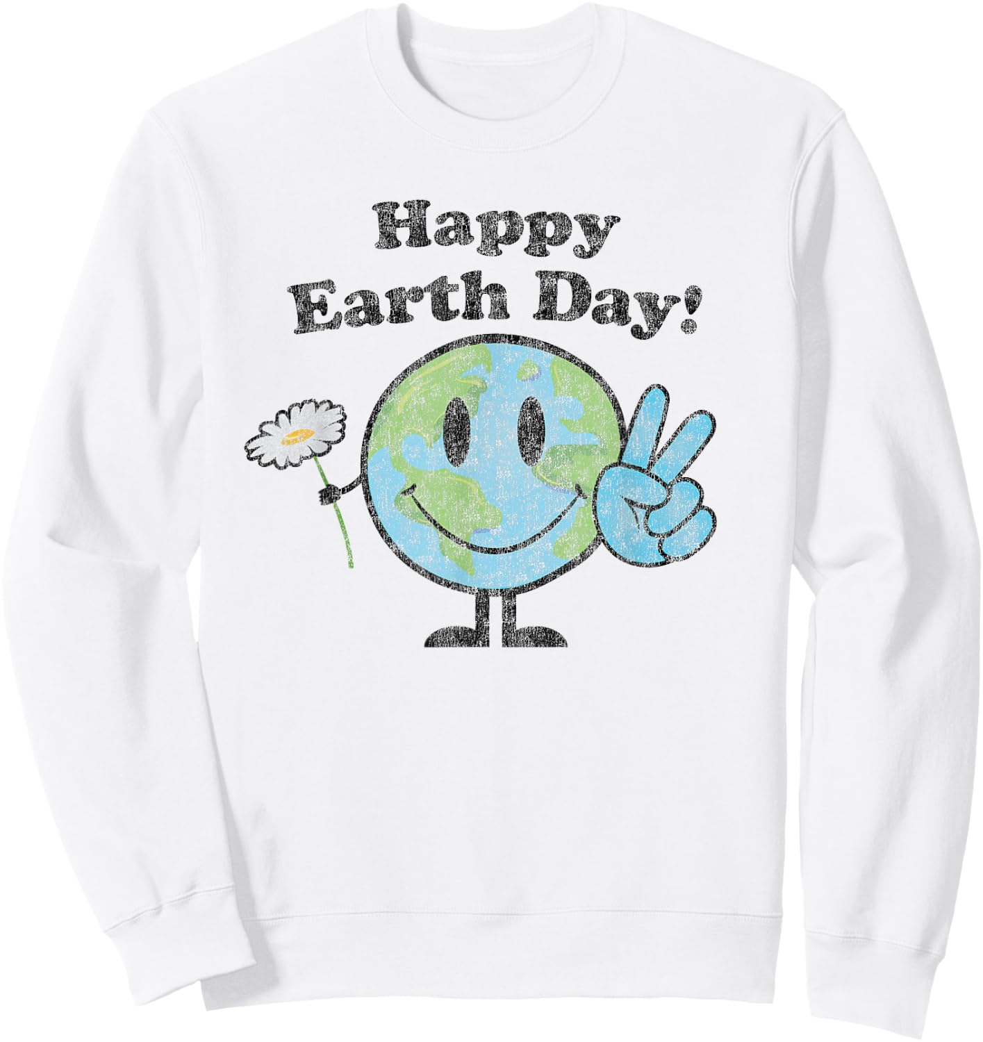 Happy Earth Day Cute Peace Sign Flower Distressed Sweatshirt - Sweatshirt | White