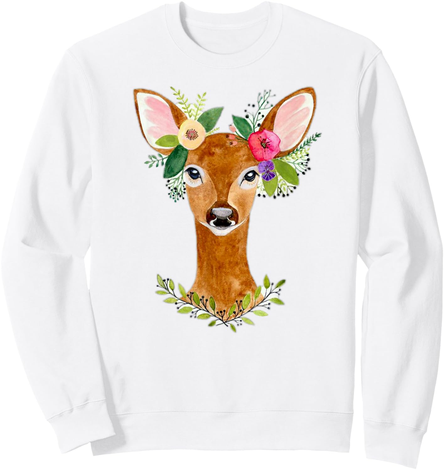 Lovely Doe Boho Nature Floral Art Deer Artwork Sweatshirt - Sweatshirt | White