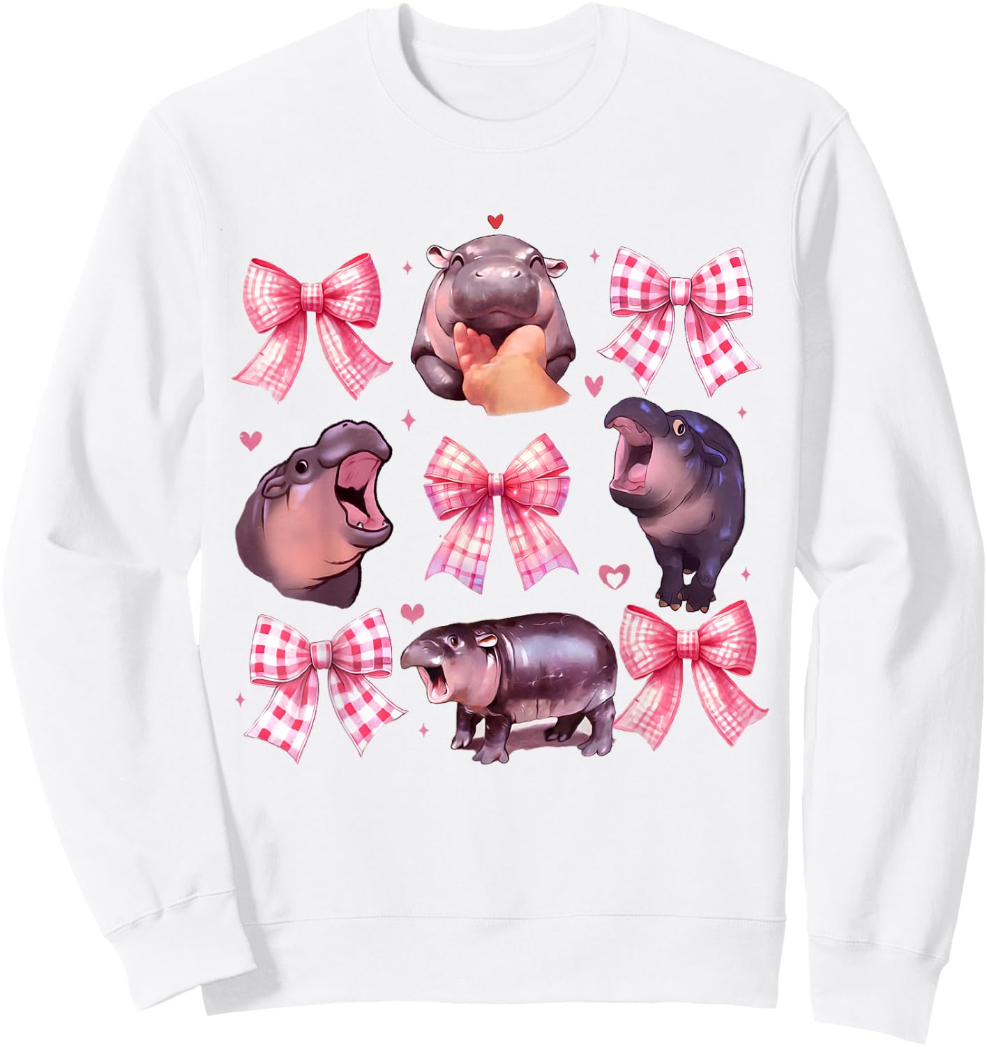 Moo Deng Baby Pink Coquette Pygmy Hippo Cute Coquette Bows Sweatshirt - Sweatshirt | White