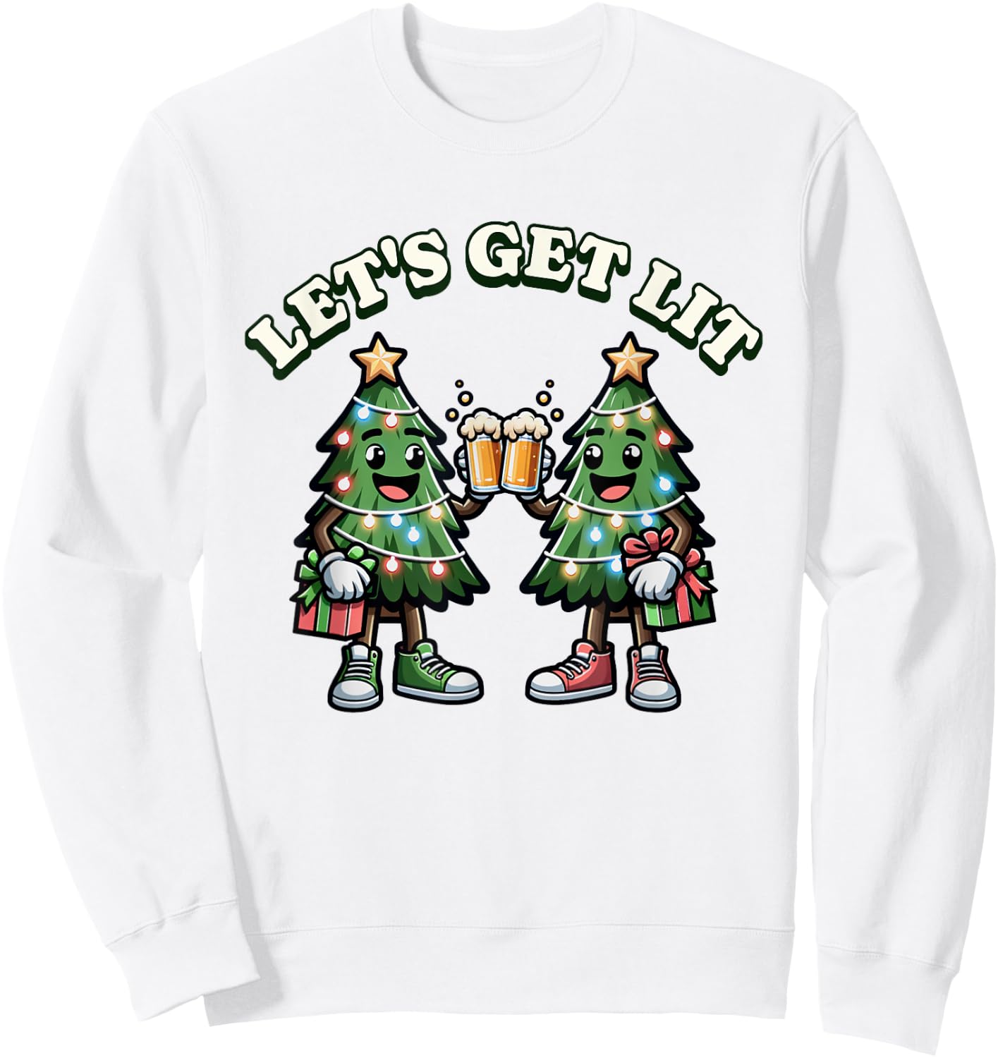 Let's get Lit - Christmas Trees Drinking Beer - Xmas Sweatshirt - Sweatshirt | White