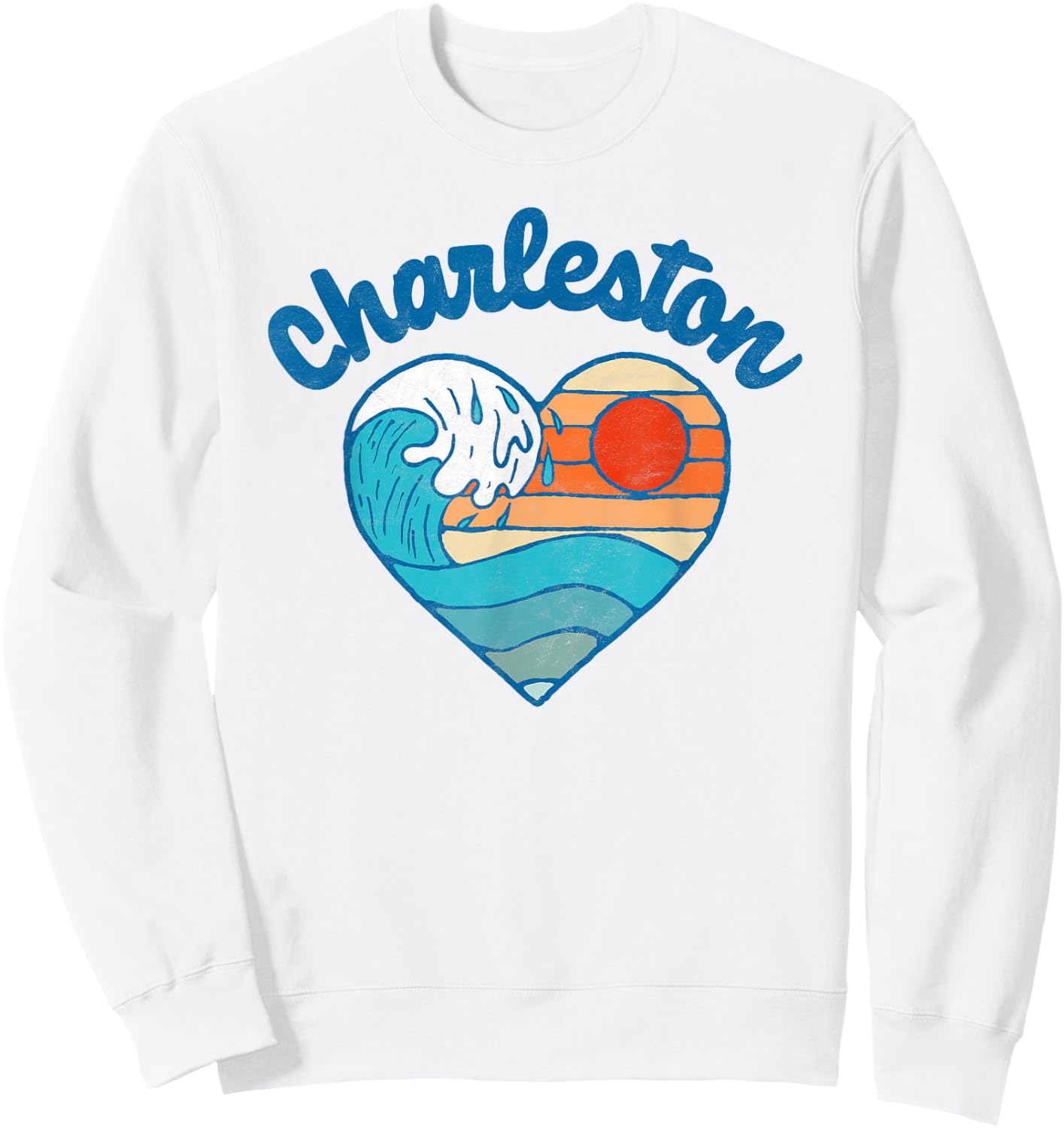 Charleston SC Beach Lover Retro Heart Surf & Wave Graphic Women Kids Sweatshirt - Sweatshirt | White