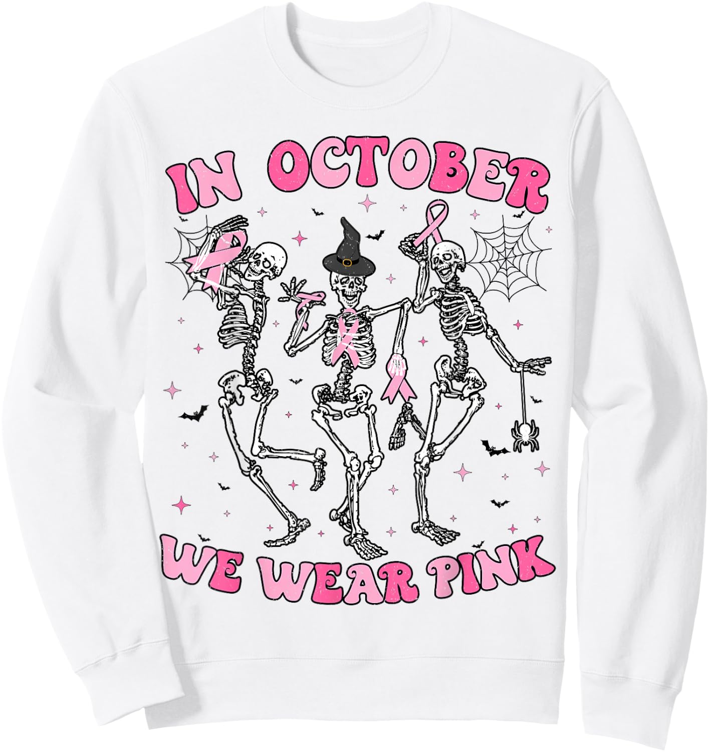 In October We Wear Pink Halloween Breast Cancer Skeleton Sweatshirt - Sweatshirt | White