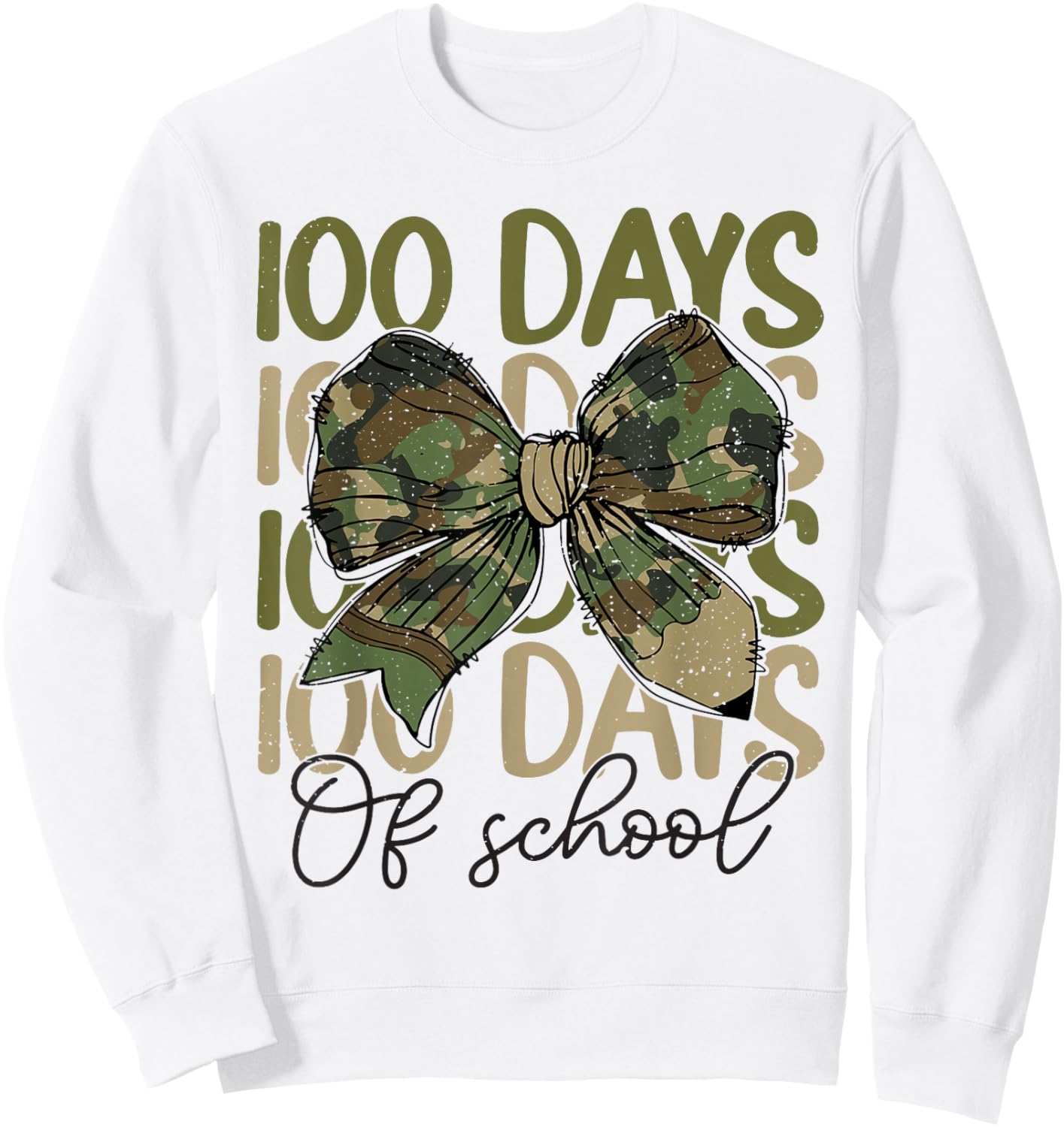 100 Days Of School Camo Coquette Bow Pencil Teacher Student Sweatshirt - Sweatshirt | White