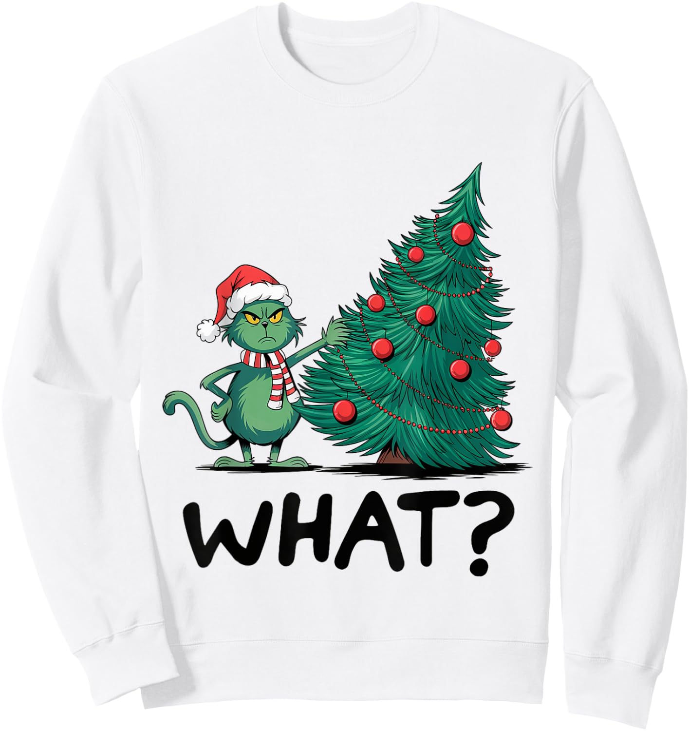Cat What Funny Green Cat Pushing Christmas Tree Ugly Xmas Women Kids Sweatshirt - Sweatshirt | White