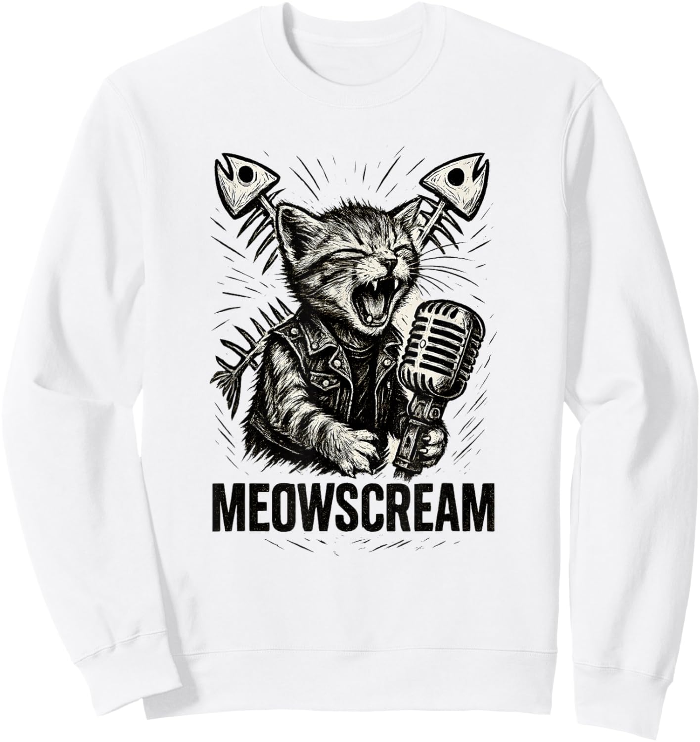 Fierce Kitten Battle Vest Monochrome Microphone Scream Rock Sweatshirt - Sweatshirt | White