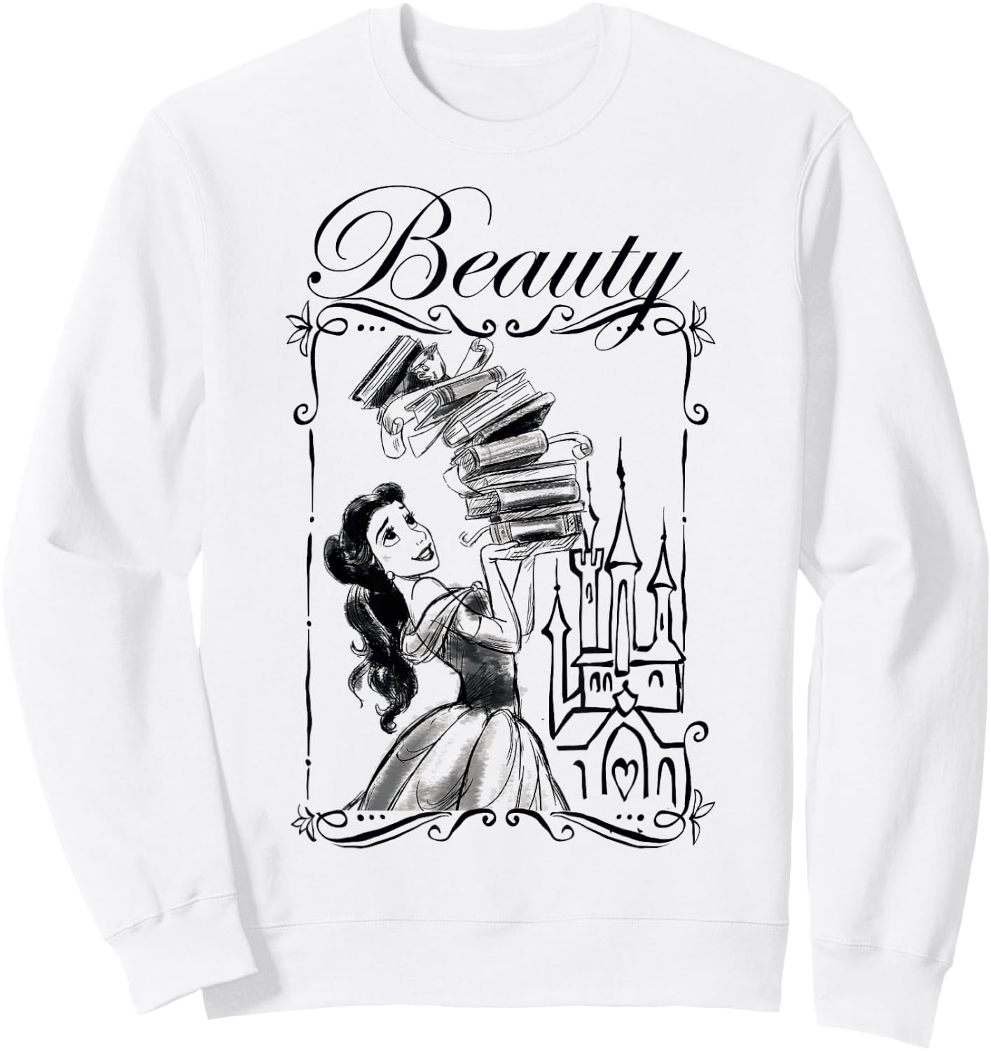 Disney Beauty and the Beast Belle Book Stack Sketch Portrait Sweatshirt - Sweatshirt | White