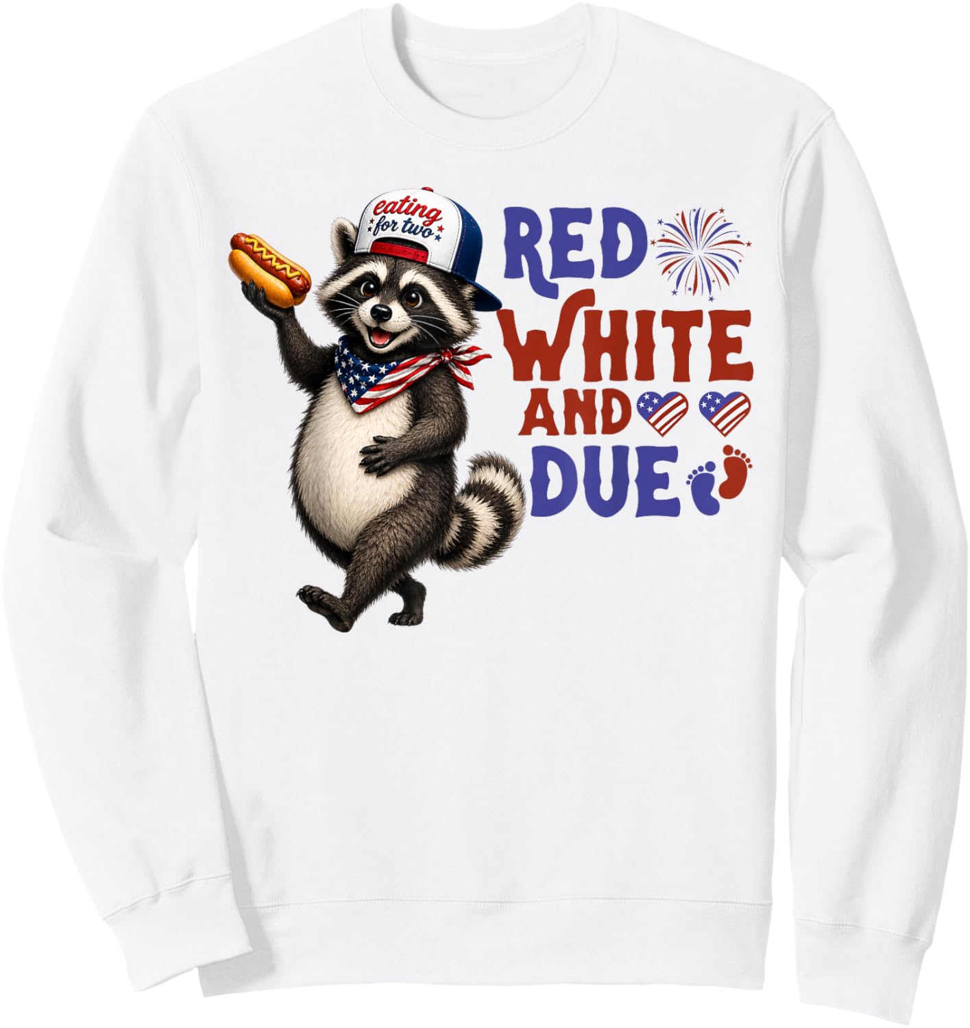 Red White and Due Funny Pregnancy Raccoon 4th of July USA Sweatshirt - Sweatshirt | White