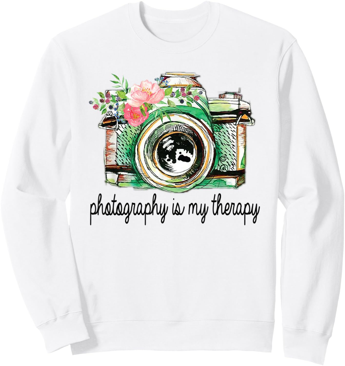 Photography Is My Therapy Vintage Camera With Flowers Sweatshirt - Sweatshirt | White