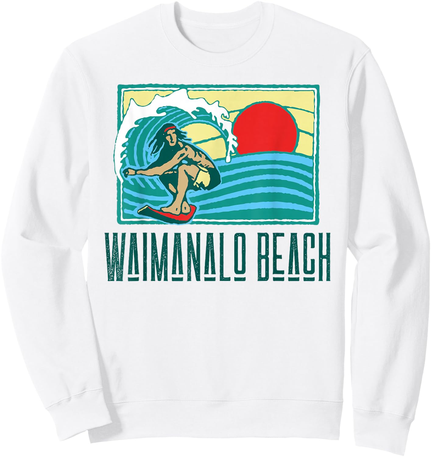 Waimanalo Beach Hawaii Vintage Surfer & Wave Retro Sweatshirt - Sweatshirt | White