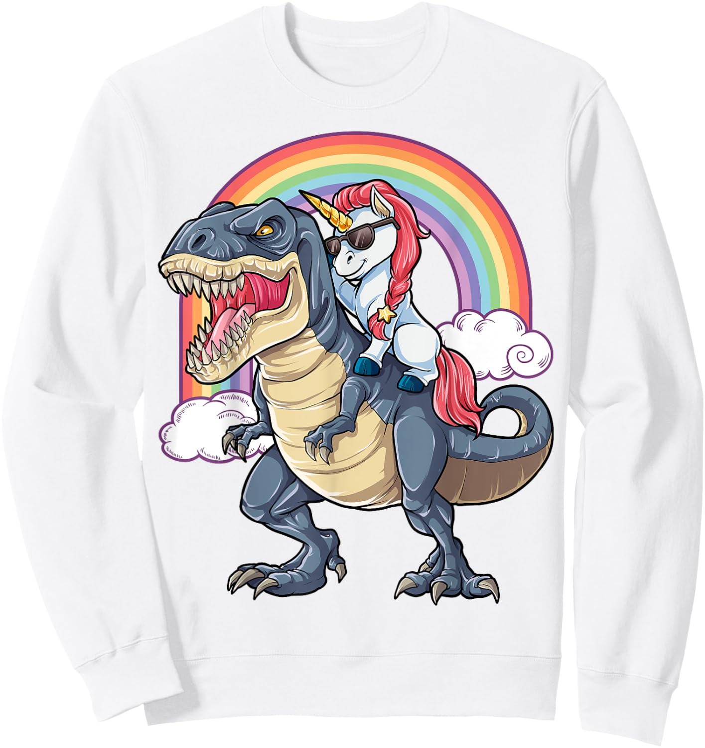 Unicorn Riding T rex Shirt Dinosaur Boys Girls Kids Gift Men Sweatshirt - Sweatshirt | White