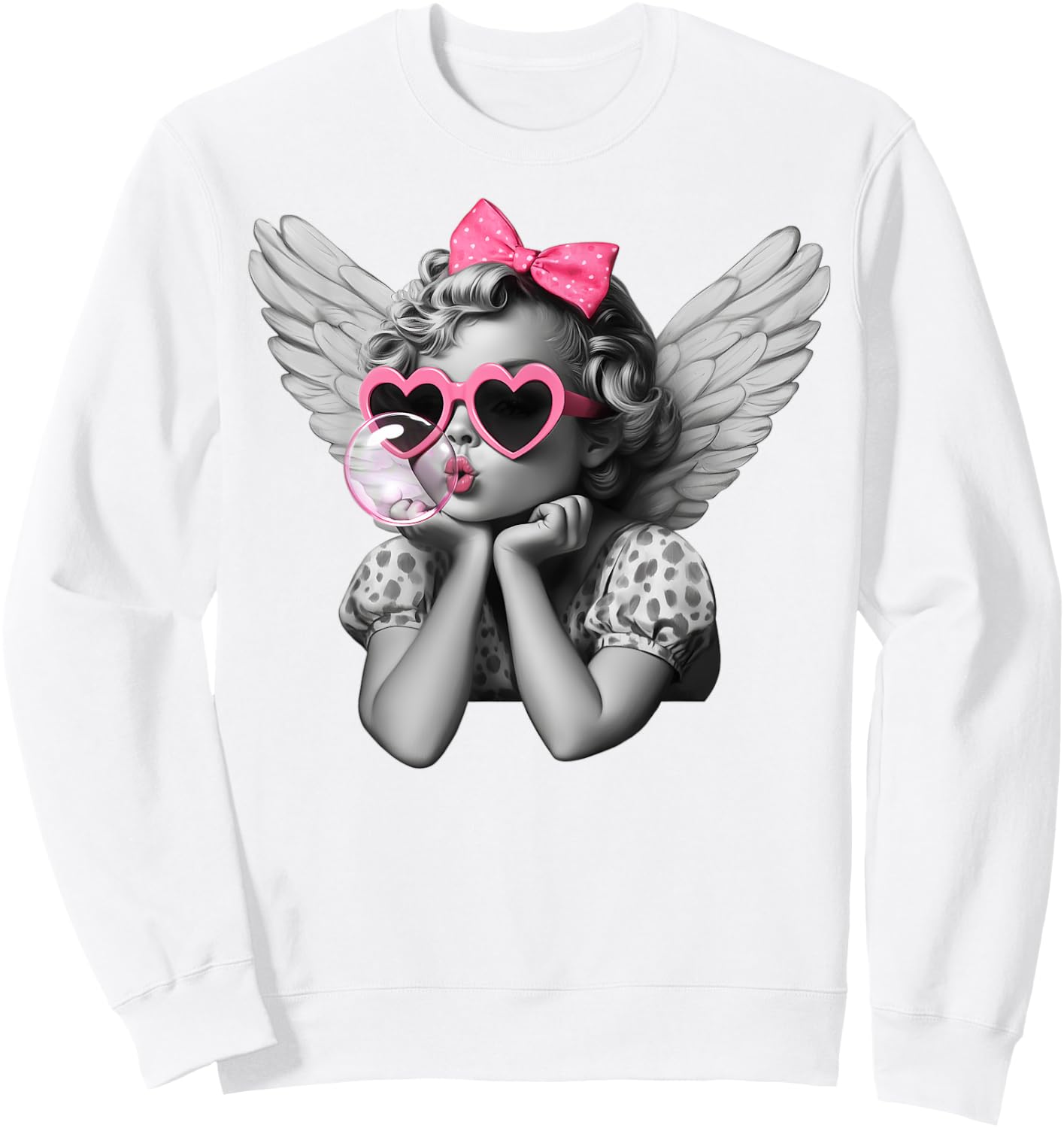 Cupid Blowing Bubble Heart Sunglasses Leopard Valentines Day Sweatshirt - Sweatshirt | White