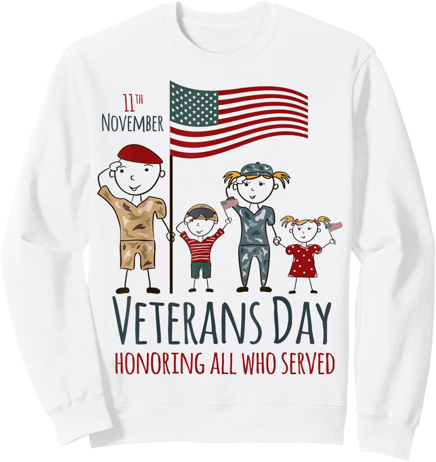 Veterans Day Shirt American Flag Military Family Kids USA Sweatshirt - Sweatshirt | White