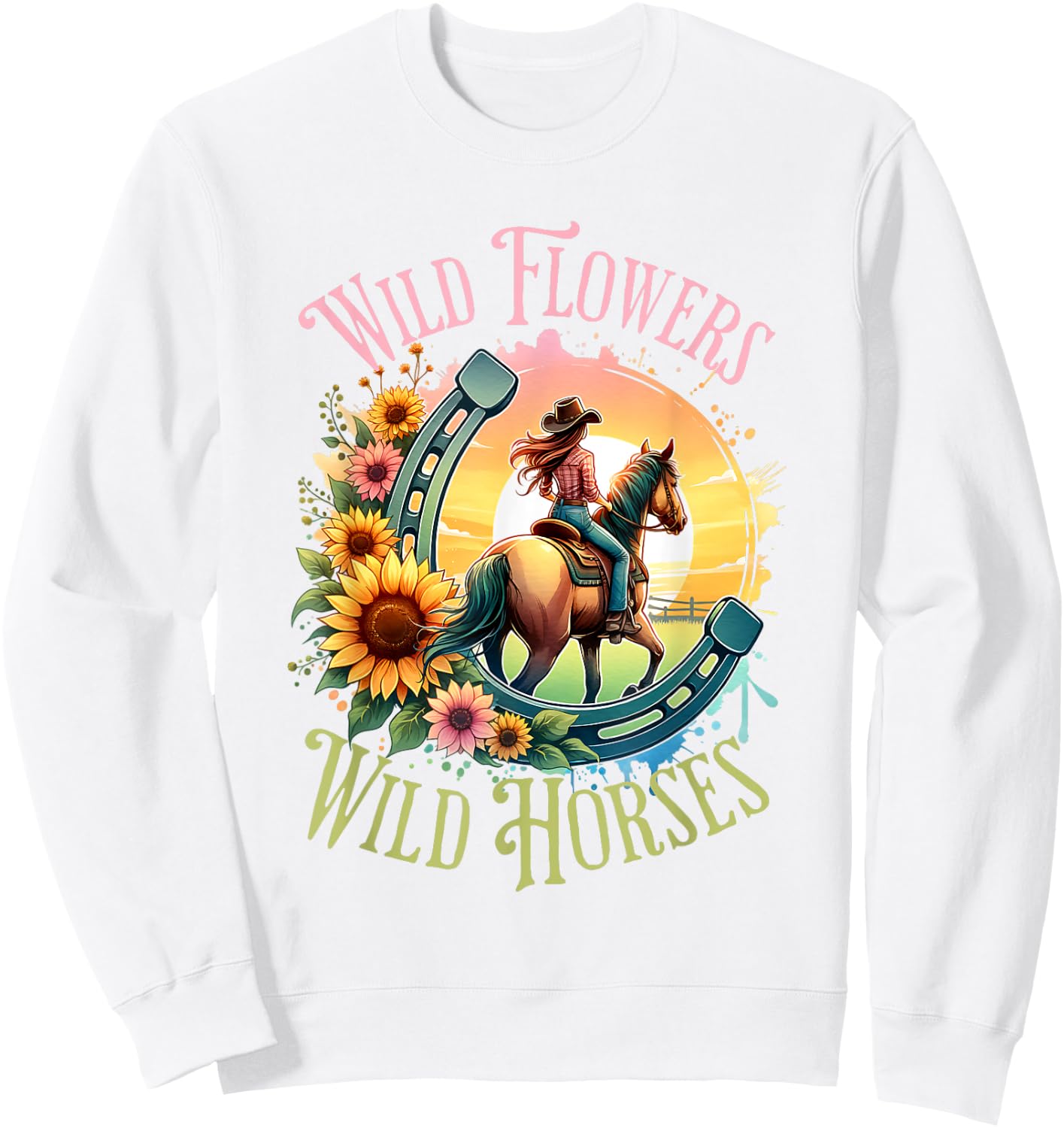 Wild Flowers & Wild Horses Country Sunset Western Cowgirl Sweatshirt - Sweatshirt | White