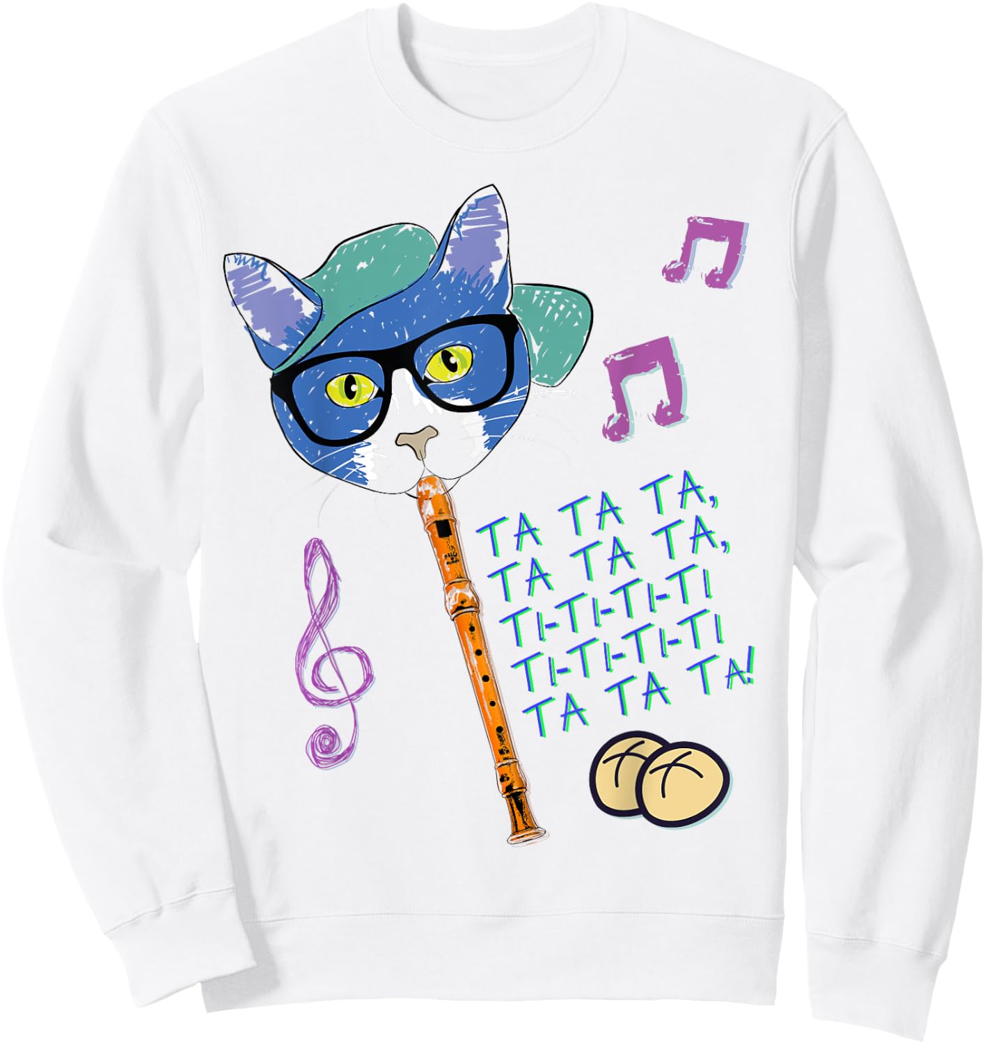 Cool Cat Playing Hot Cross Buns on Recorder Funny Elementary Sweatshirt - Sweatshirt | White