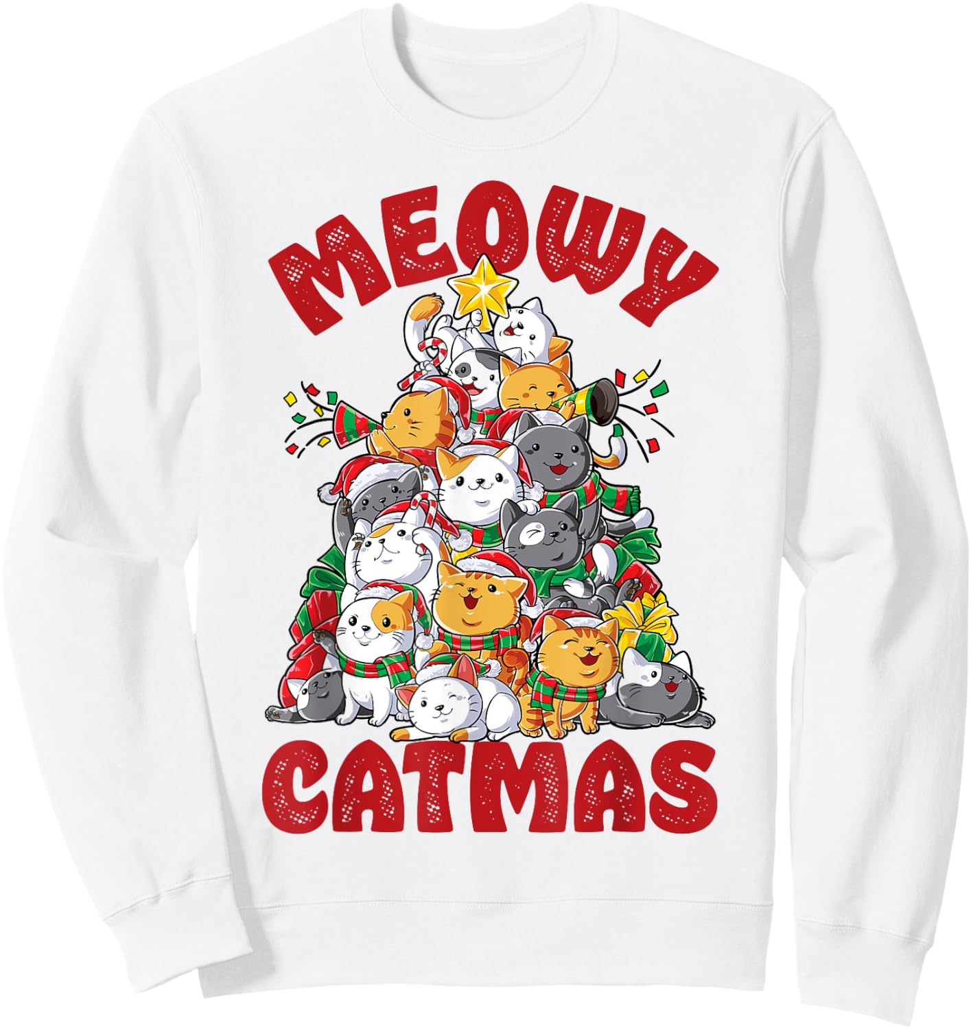 Meowy Catmas Cat Christmas Tree Xmas Girls Boys Funny Santa Sweatshirt - Sweatshirt | White
