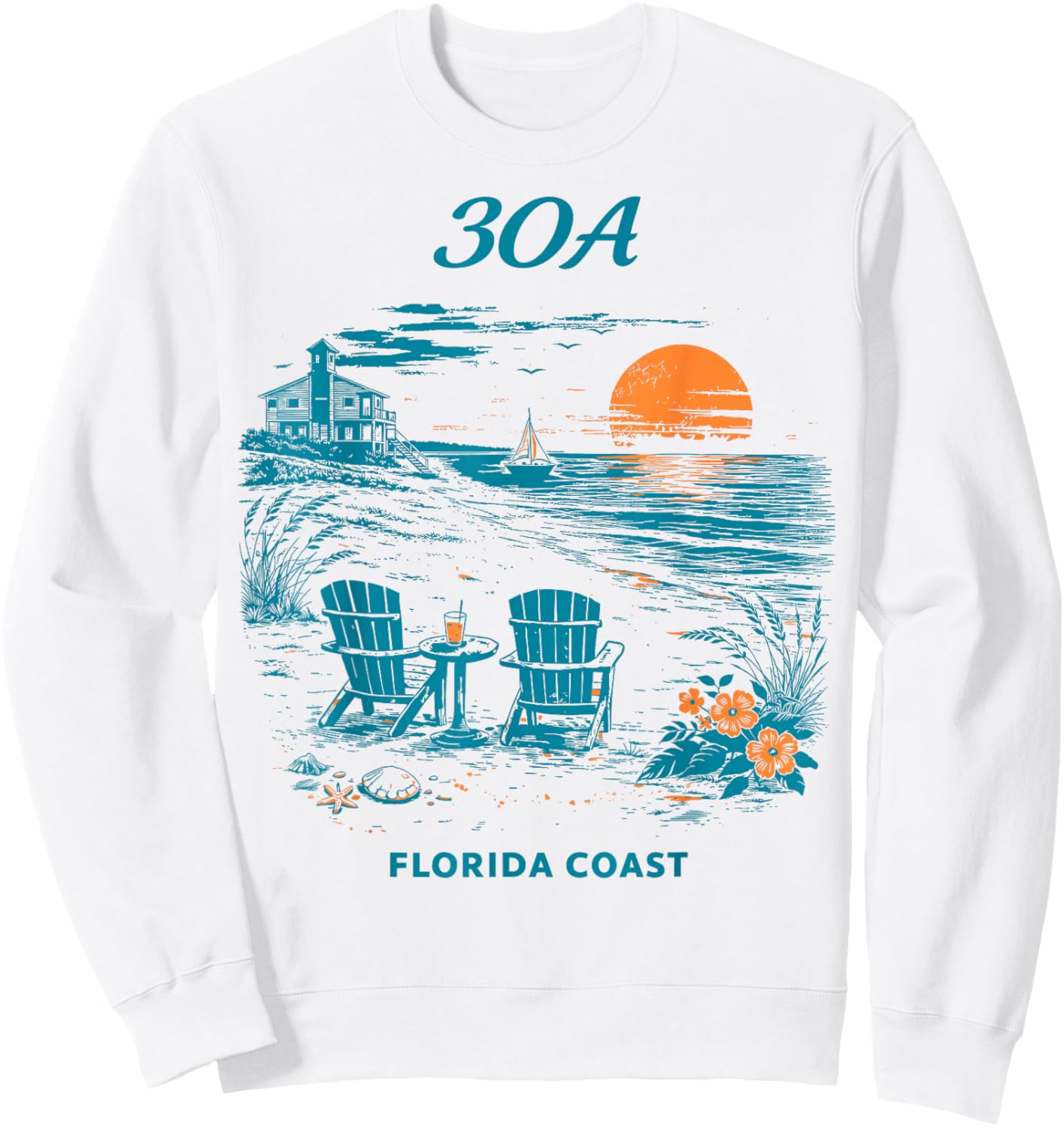 30A Florida Coast Vintage Travel Scenic Illustration Sweatshirt - Sweatshirt | White