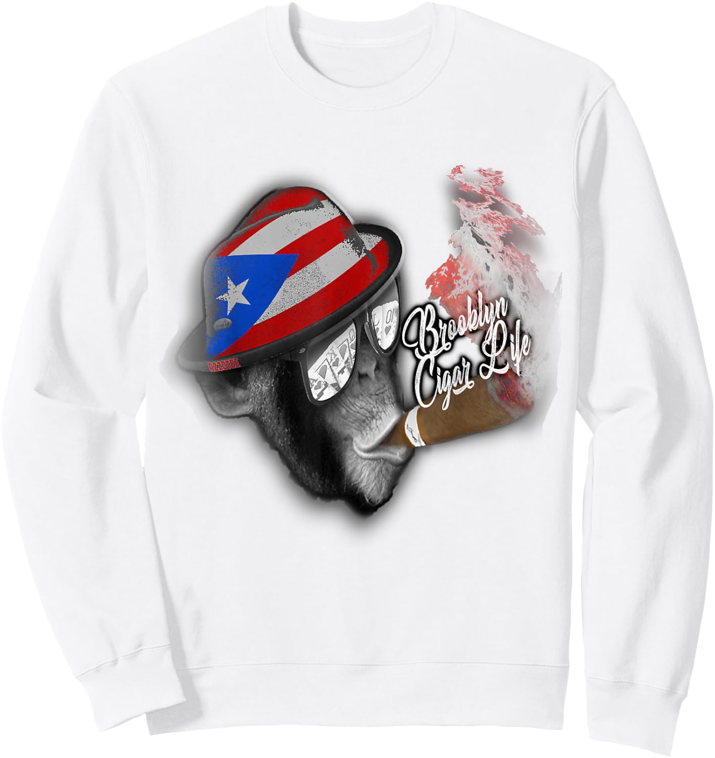 Brooklyn t shirt puerto rico flag cigar smoking Monkey Sweatshirt - Sweatshirt | White