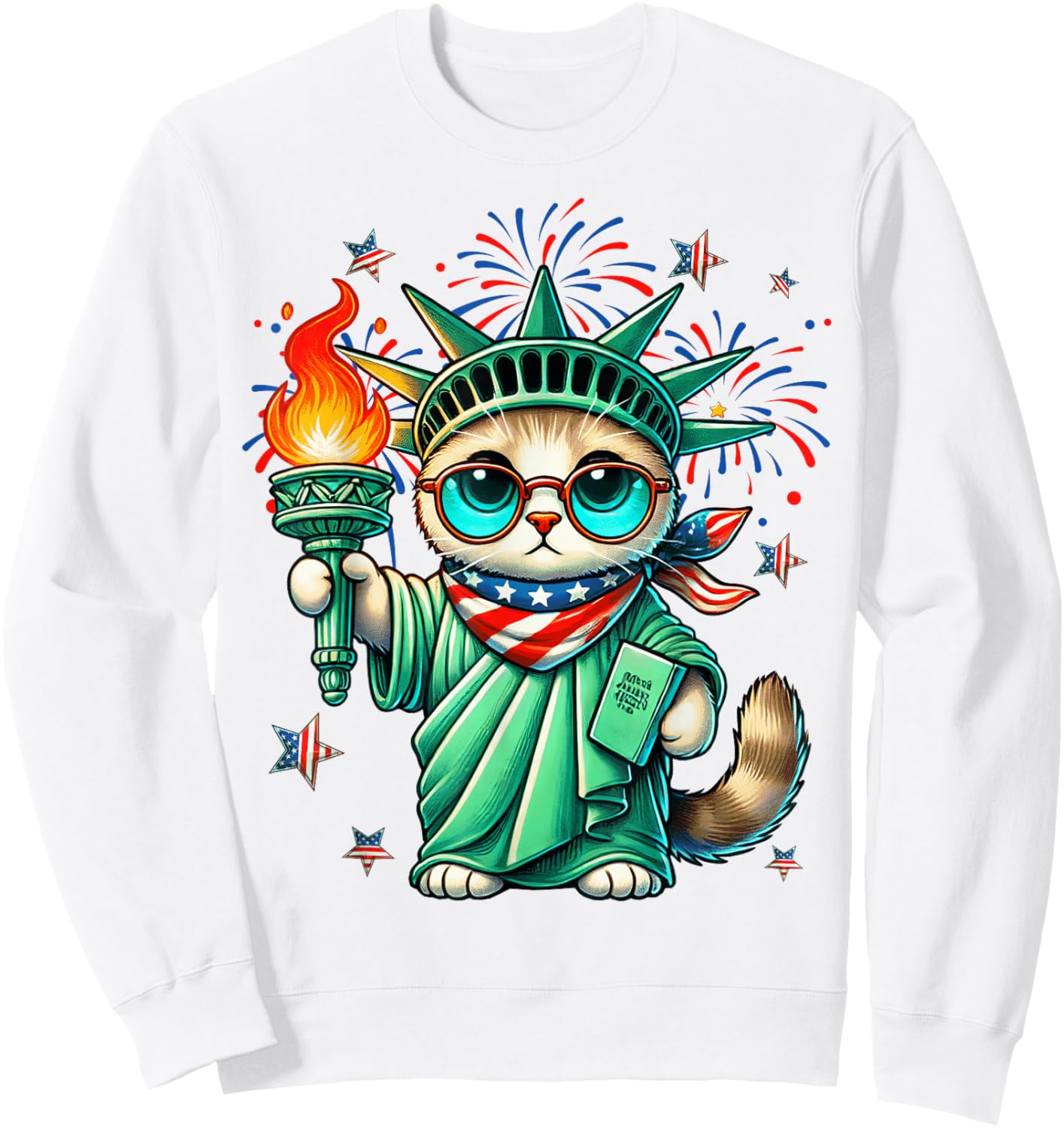Funny Statue Of Liberty Cat USA Flag Independence Day July 4 Sweatshirt - Sweatshirt | White