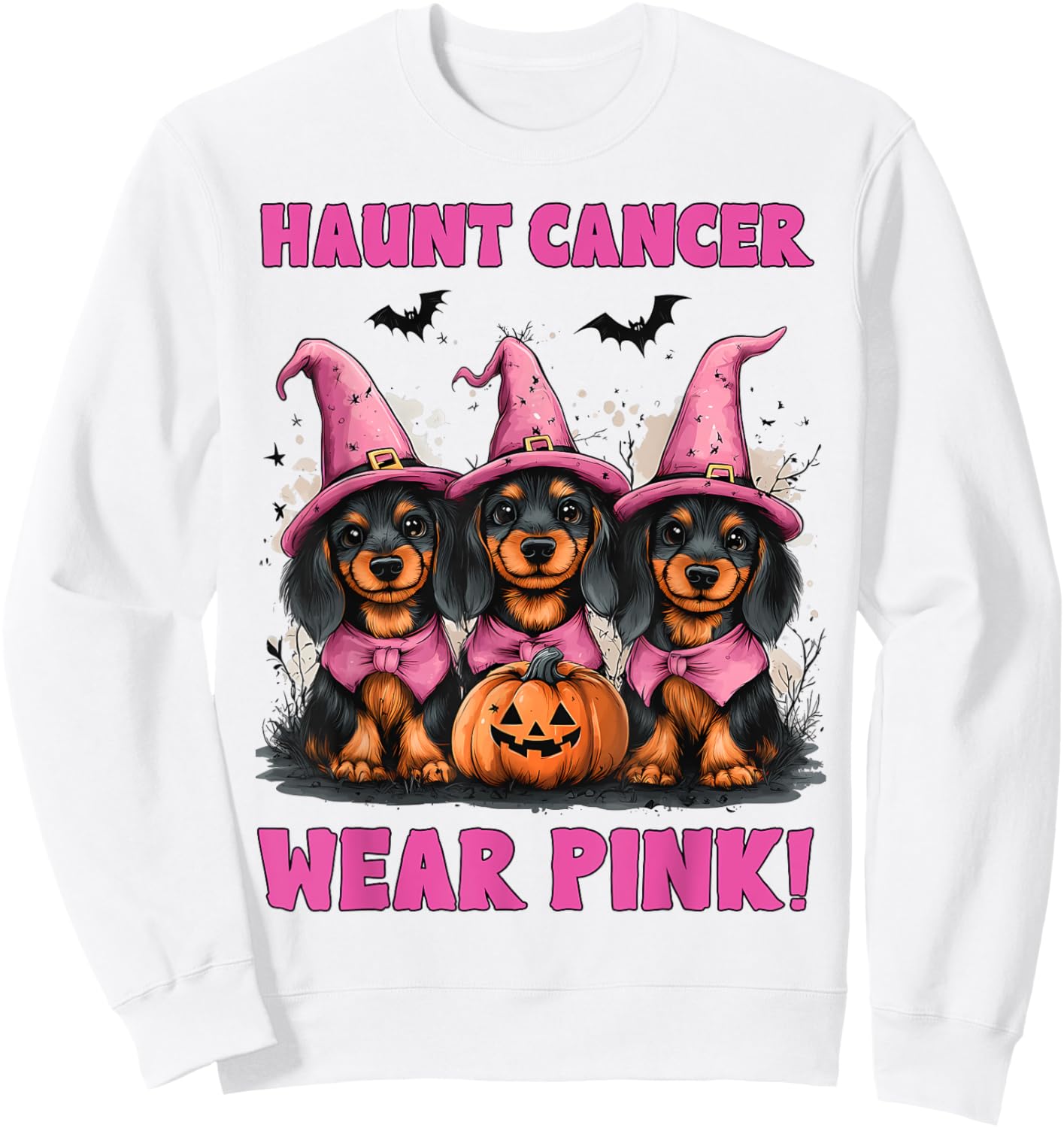 In October We Wear Pink Dachshund Halloween Breast Cancer Sweatshirt - Sweatshirt | White