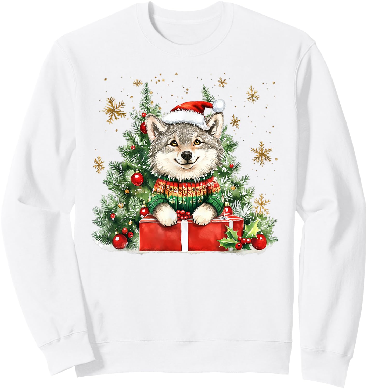 A Wolf In A Sweater & Hat With Christmas Decorations Sweatshirt - Sweatshirt | White
