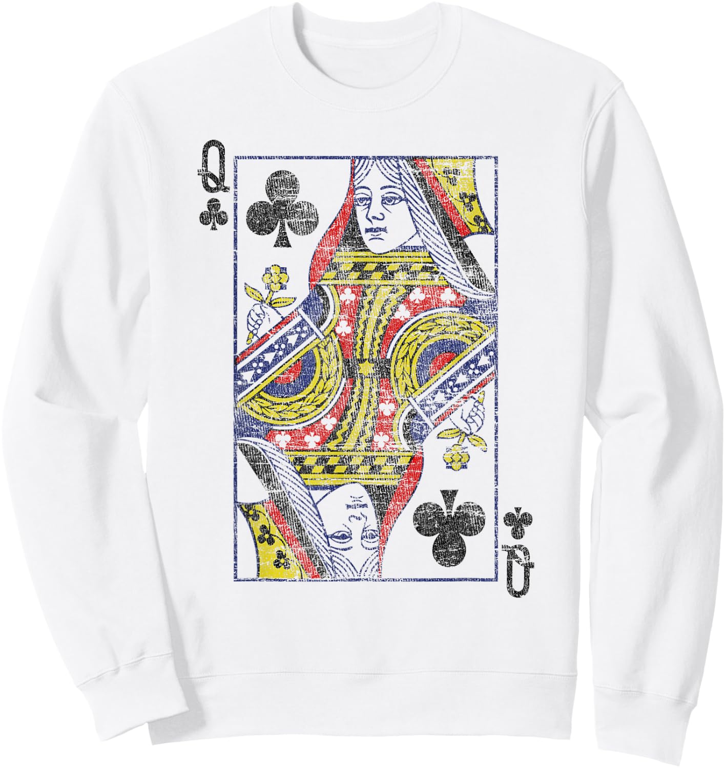 Queen of Clubs Playing Card Costume Poker Distressed Sweatshirt - Sweatshirt | White
