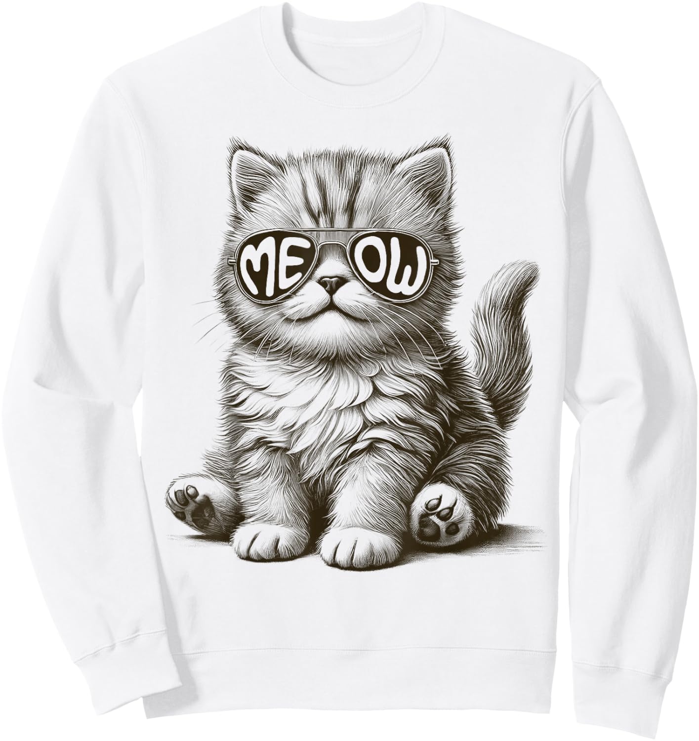 Funny Cat With Meow Sunglasses Cute Graphic Sweatshirt - Sweatshirt | White