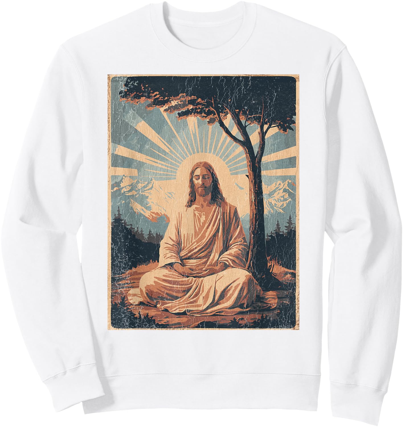 Jesus Meditating Under Tree, Mountains - Retro Faded Print Sweatshirt - Sweatshirt | White