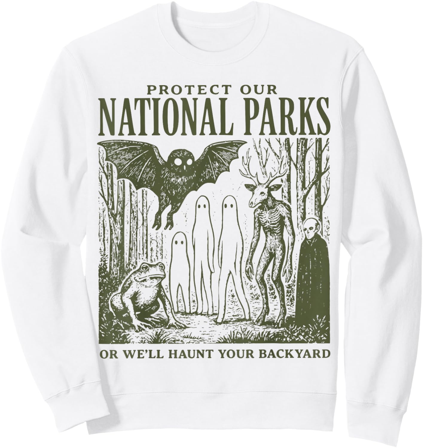 Retro Folk Horror National Park Spooky Ghost Graphic Sweatshirt - Sweatshirt | White