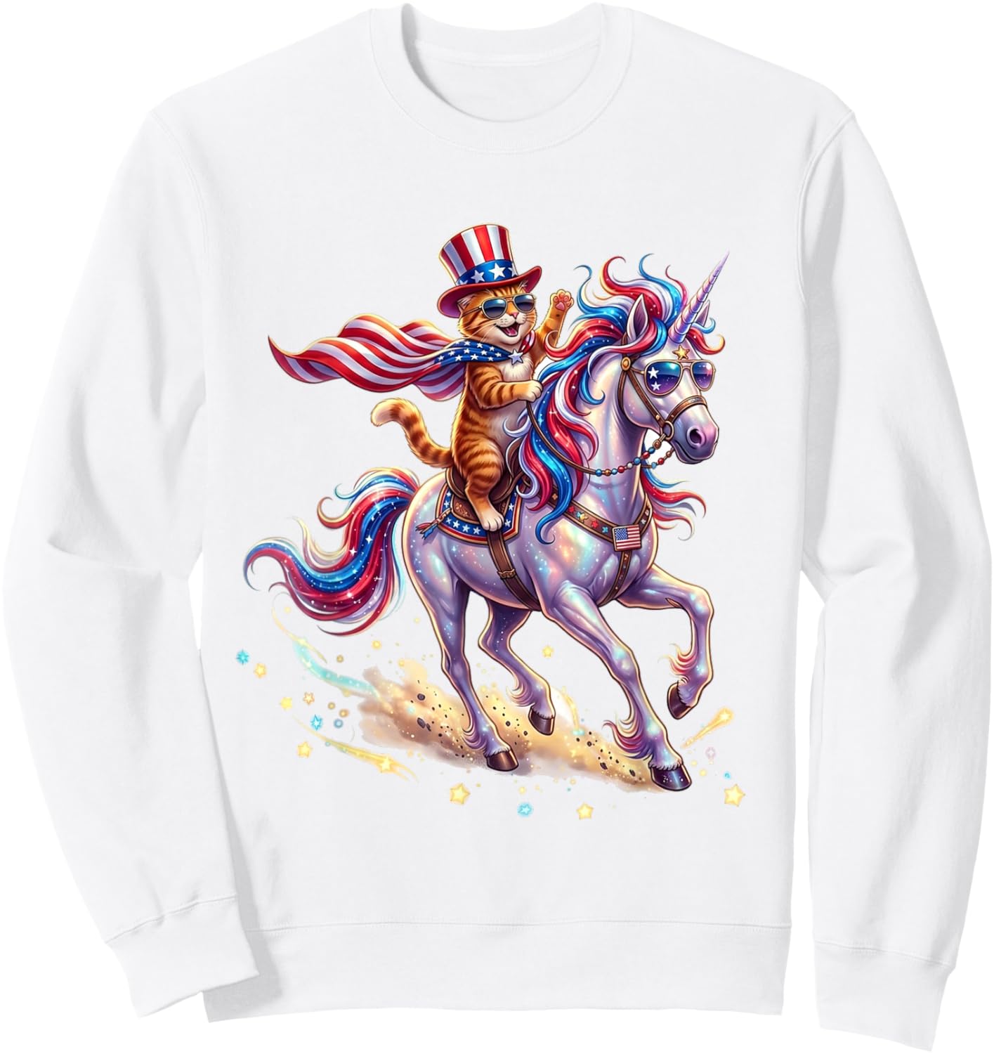 Cat Riding Unicorn USA Flag Patriotic 4th of July Sweatshirt - Sweatshirt | White