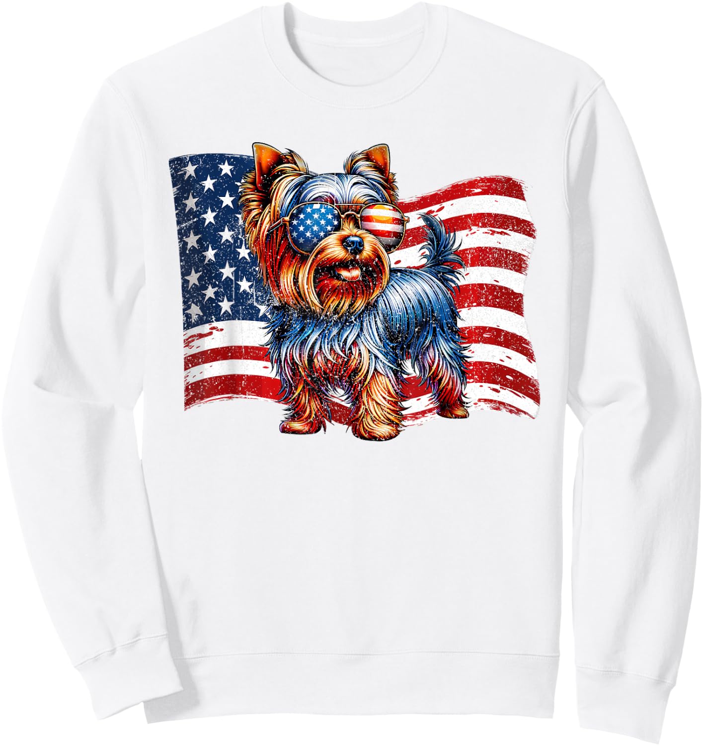 Yorkshire Terrier Dogs Mom Dad American Flag Pets Vintage Sweatshirt - Sweatshirt | White