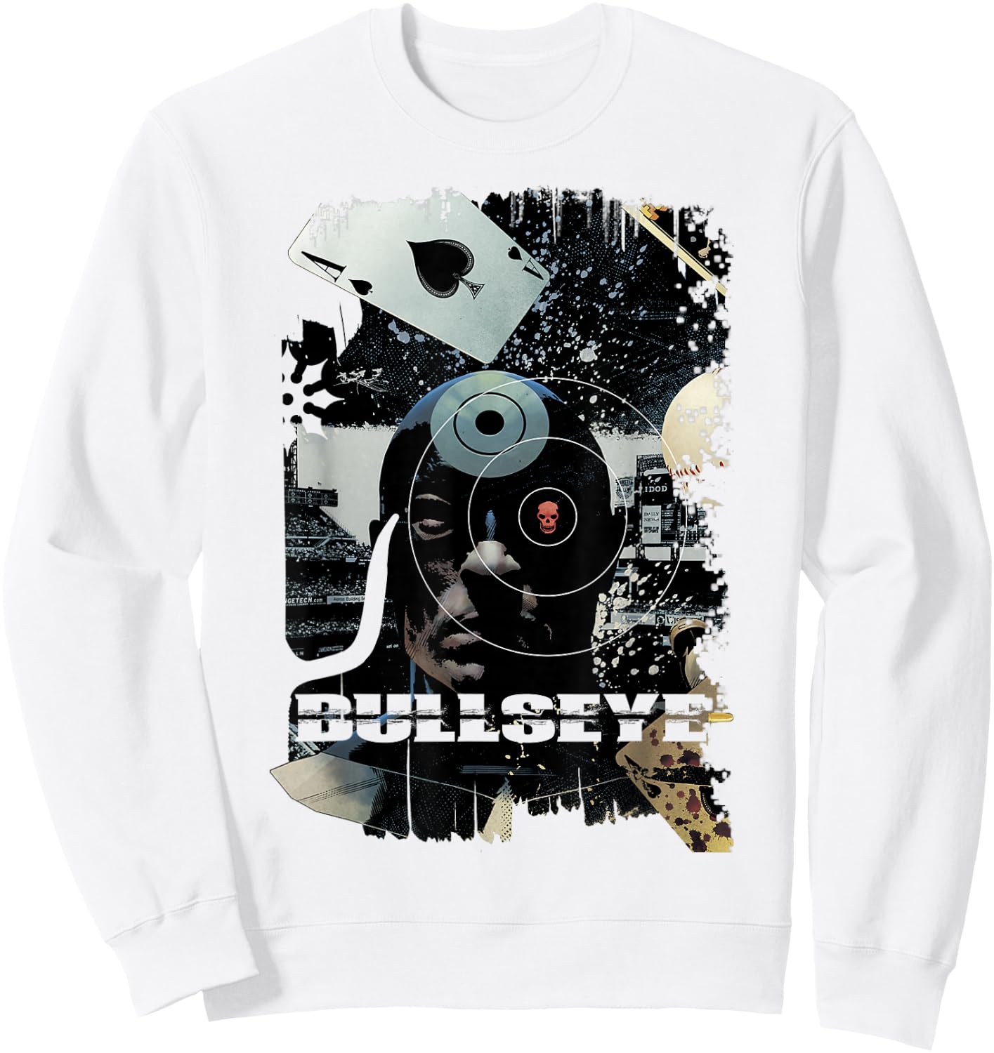 Marvel Bullseye Grunge Ace of Spades Mugshot Graphic Sweatshirt - Sweatshirt | White