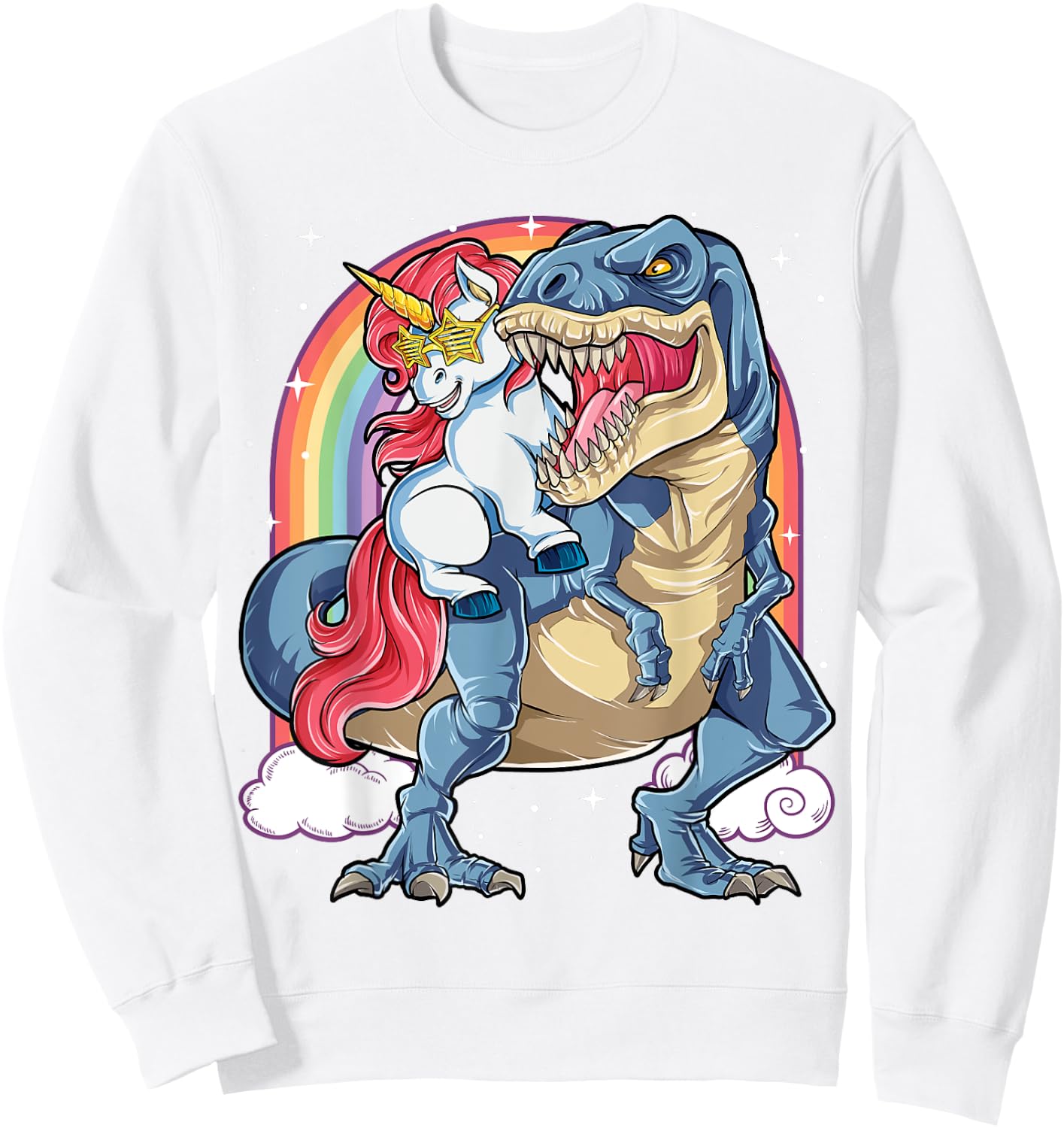 Unicorn Riding Dinosaur T rex Shirt Boys Girls Kids Rainbow Sweatshirt - Sweatshirt | White