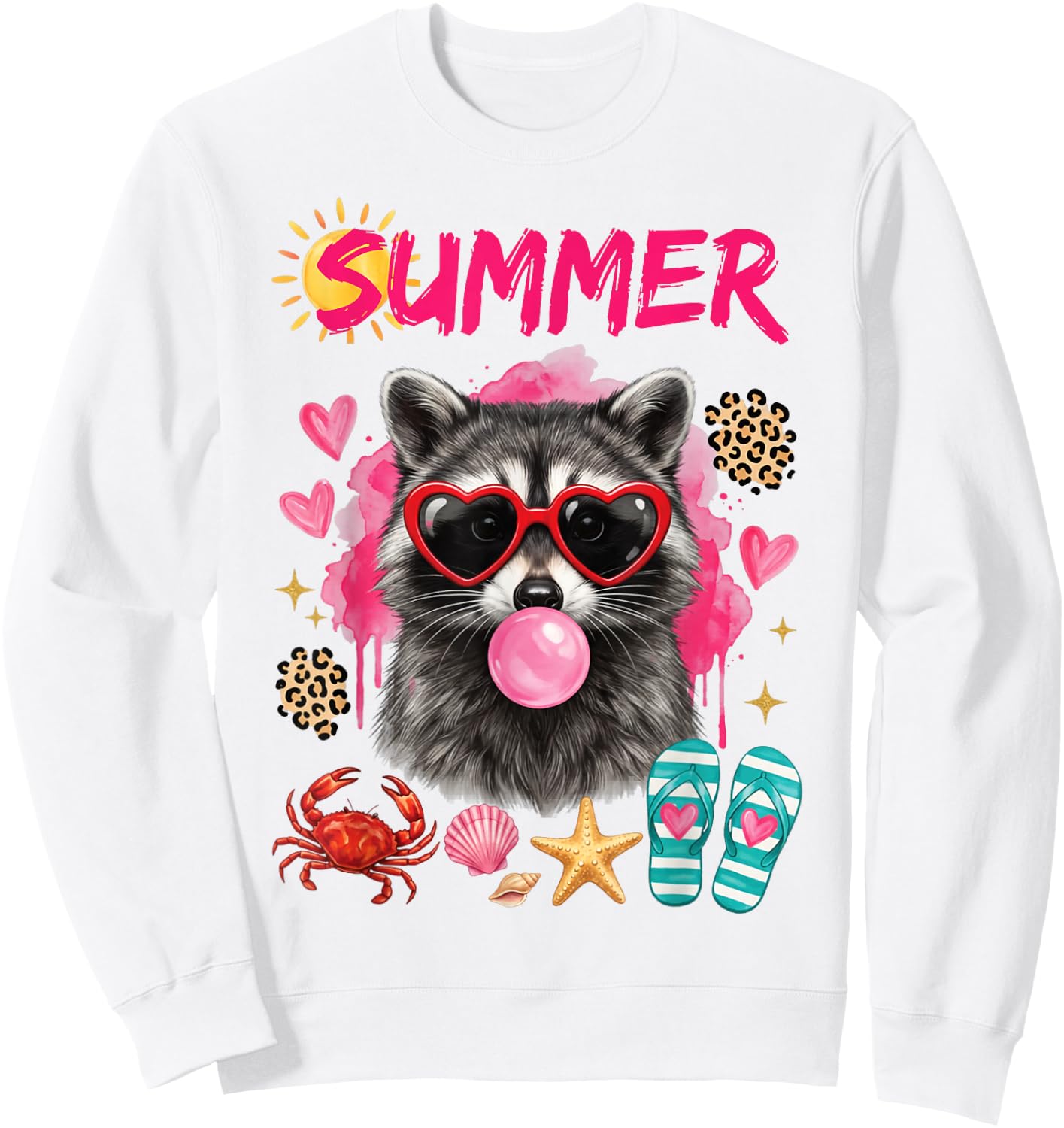 Summer Raccoon Beach Vacation Cute Retro Animal Graphic Sweatshirt - Sweatshirt | White
