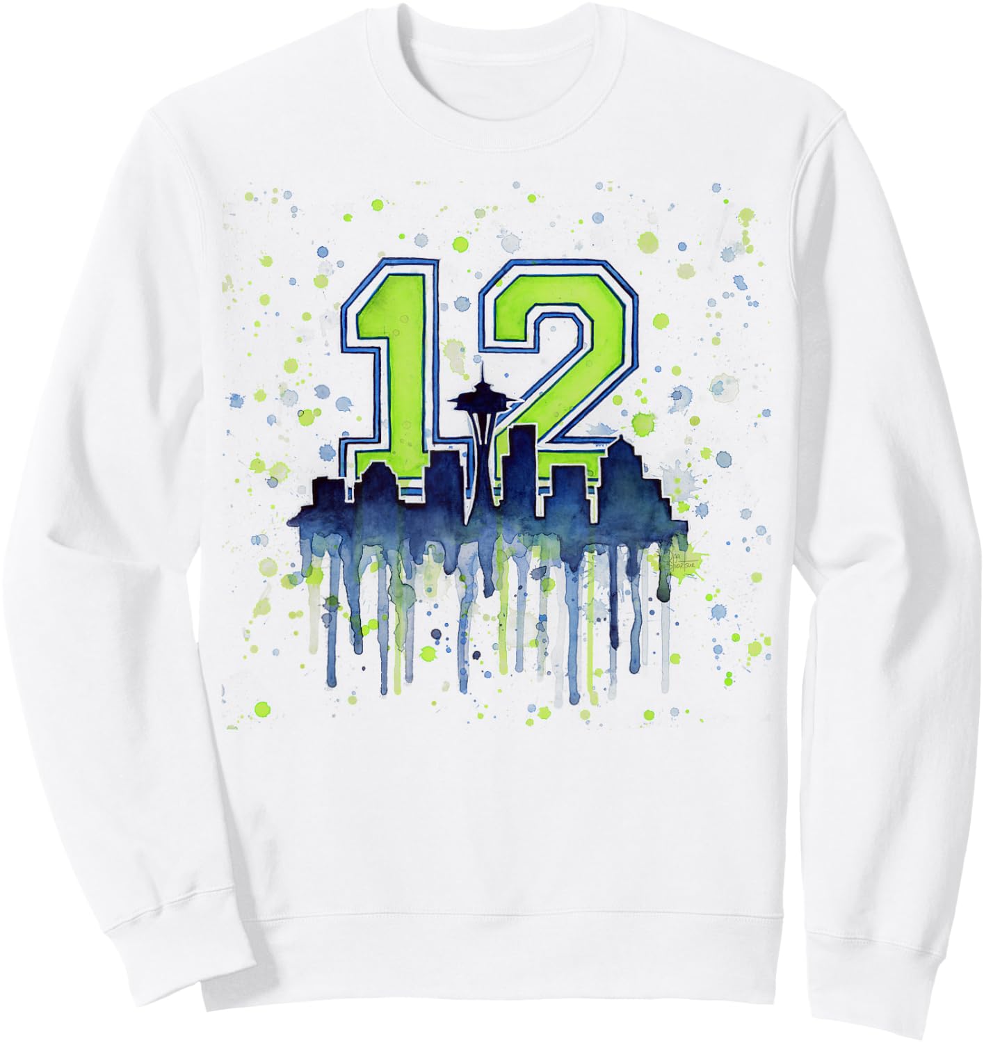 Seattle 12th Man | Space Needle Skyline Watercolor Sweatshirt - Sweatshirt | White